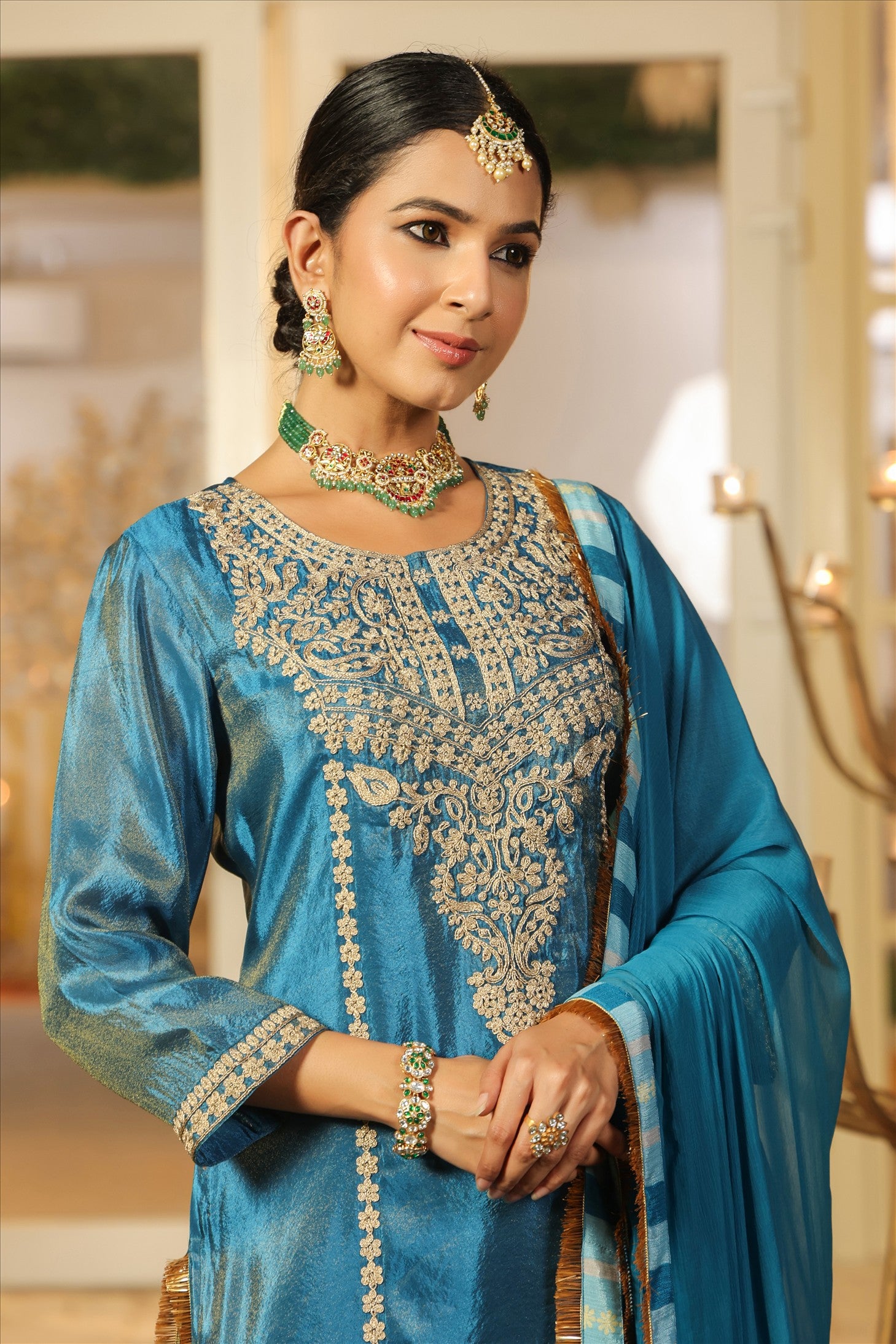 Teal Shimmer Tissue Silk Embroidered Sharara Set