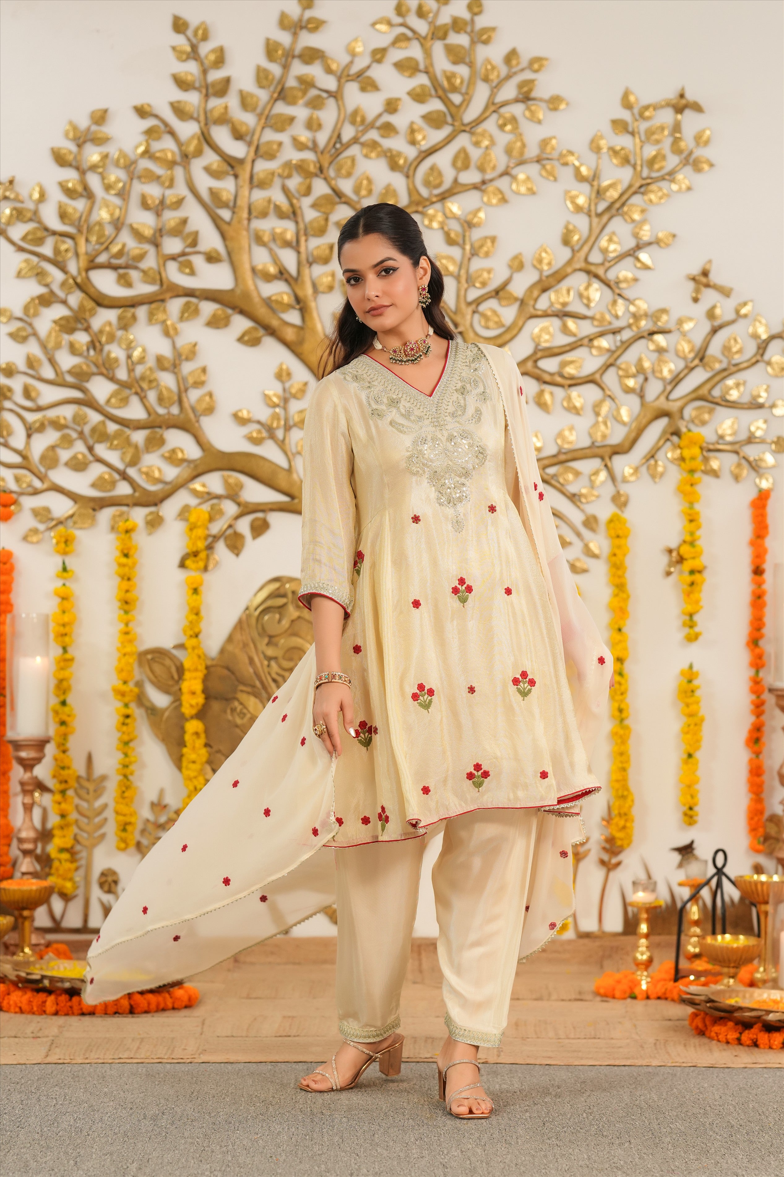 Ivory Shimmer Tissue Embroidered Anarkali Set