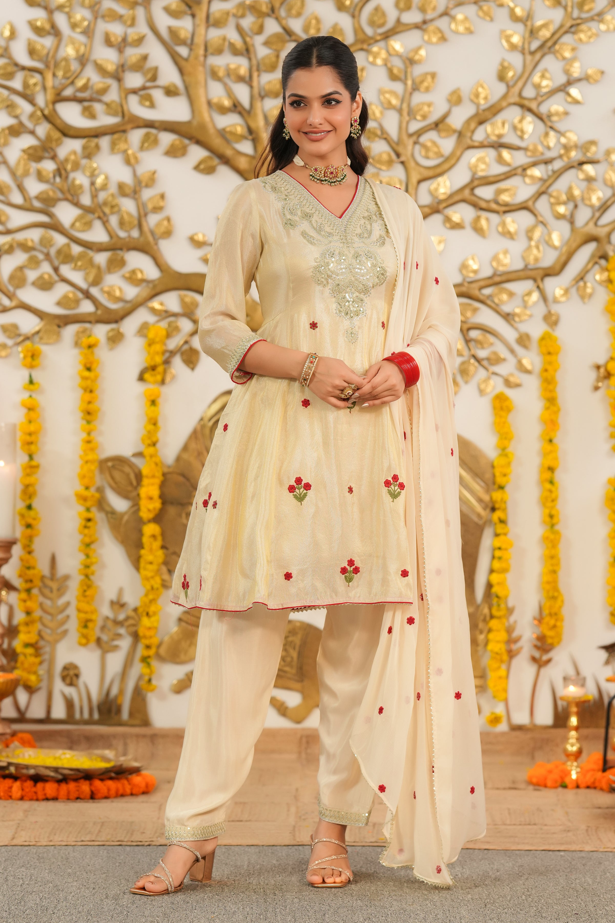 Ivory Shimmer Tissue Embroidered Anarkali Set