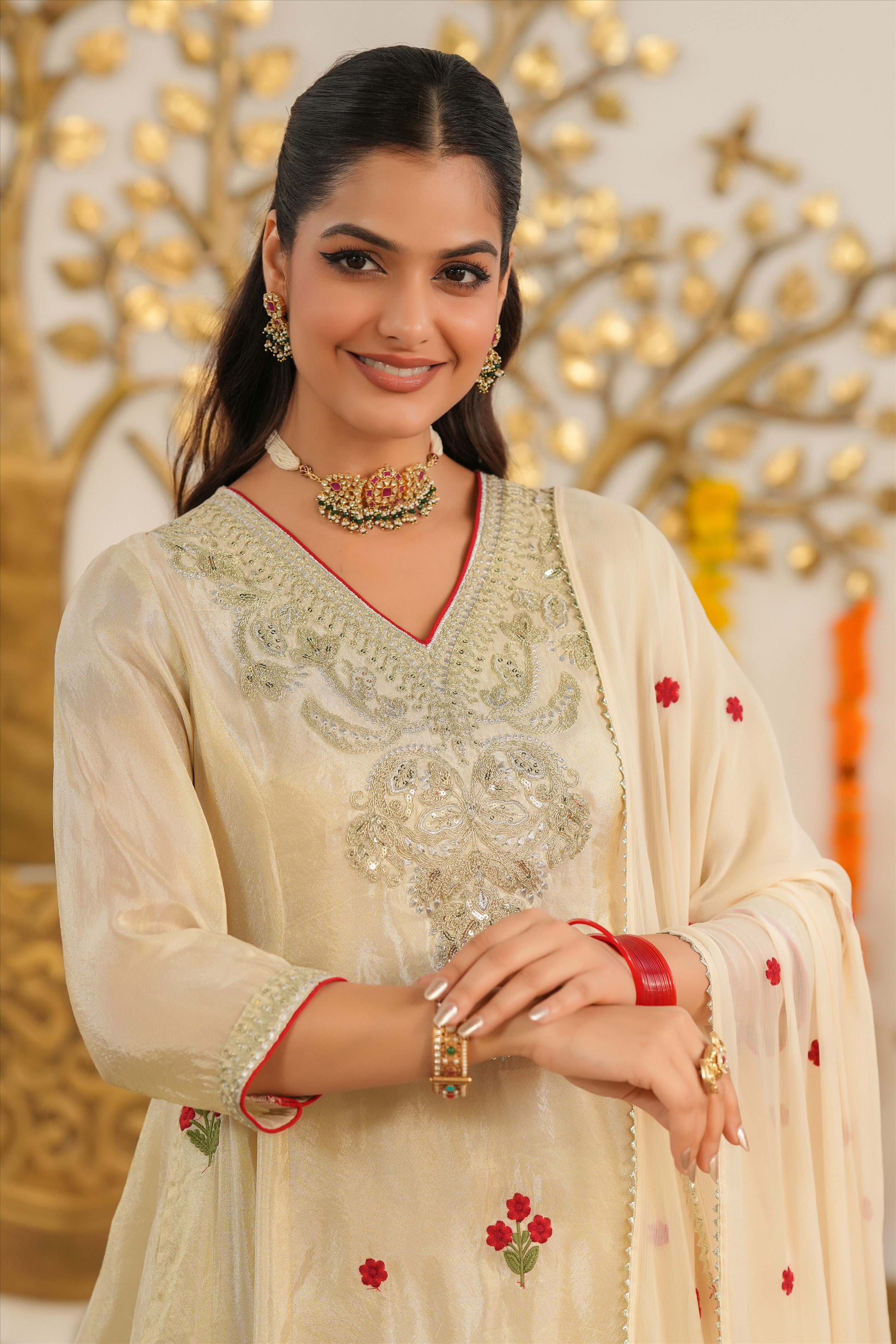 Ivory Shimmer Tissue Embroidered Anarkali Set