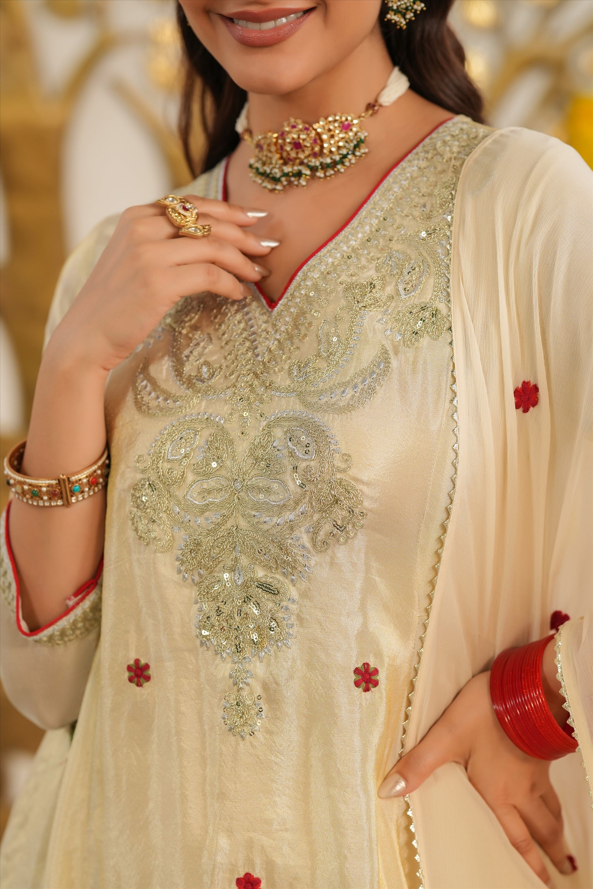 Ivory Shimmer Tissue Embroidered Anarkali Set