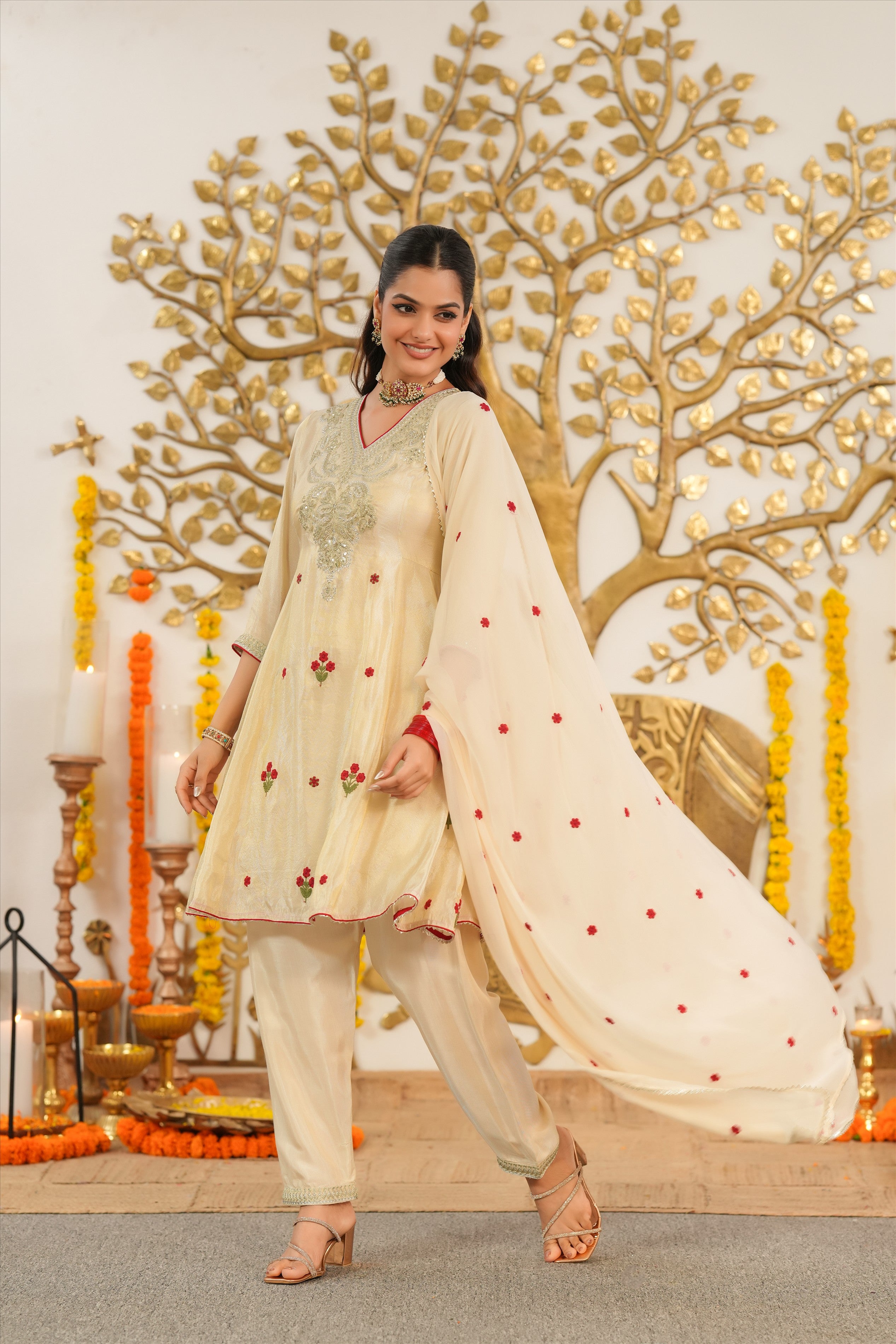 Ivory Shimmer Tissue Embroidered Anarkali Set
