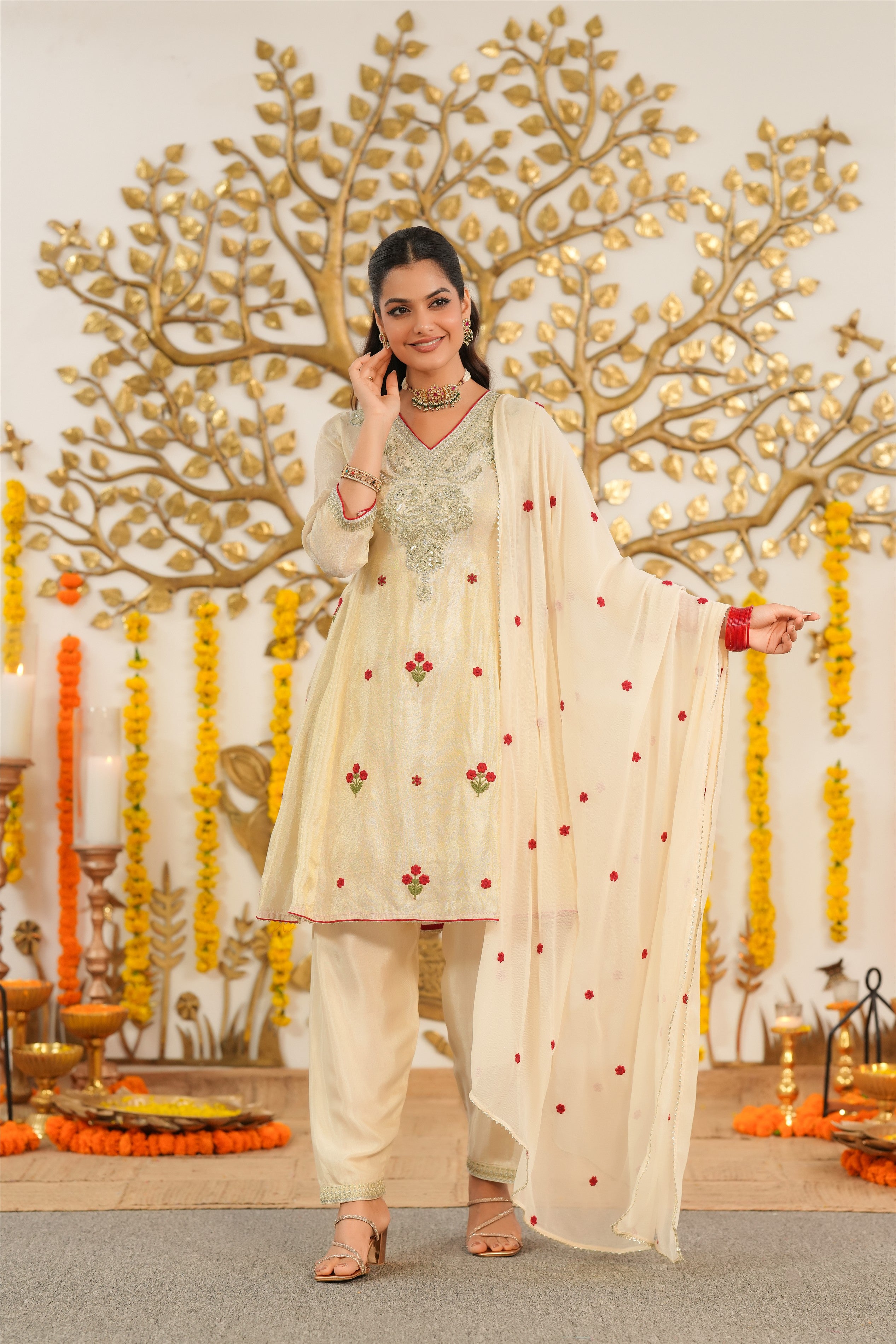Ivory Shimmer Tissue Embroidered Anarkali Set