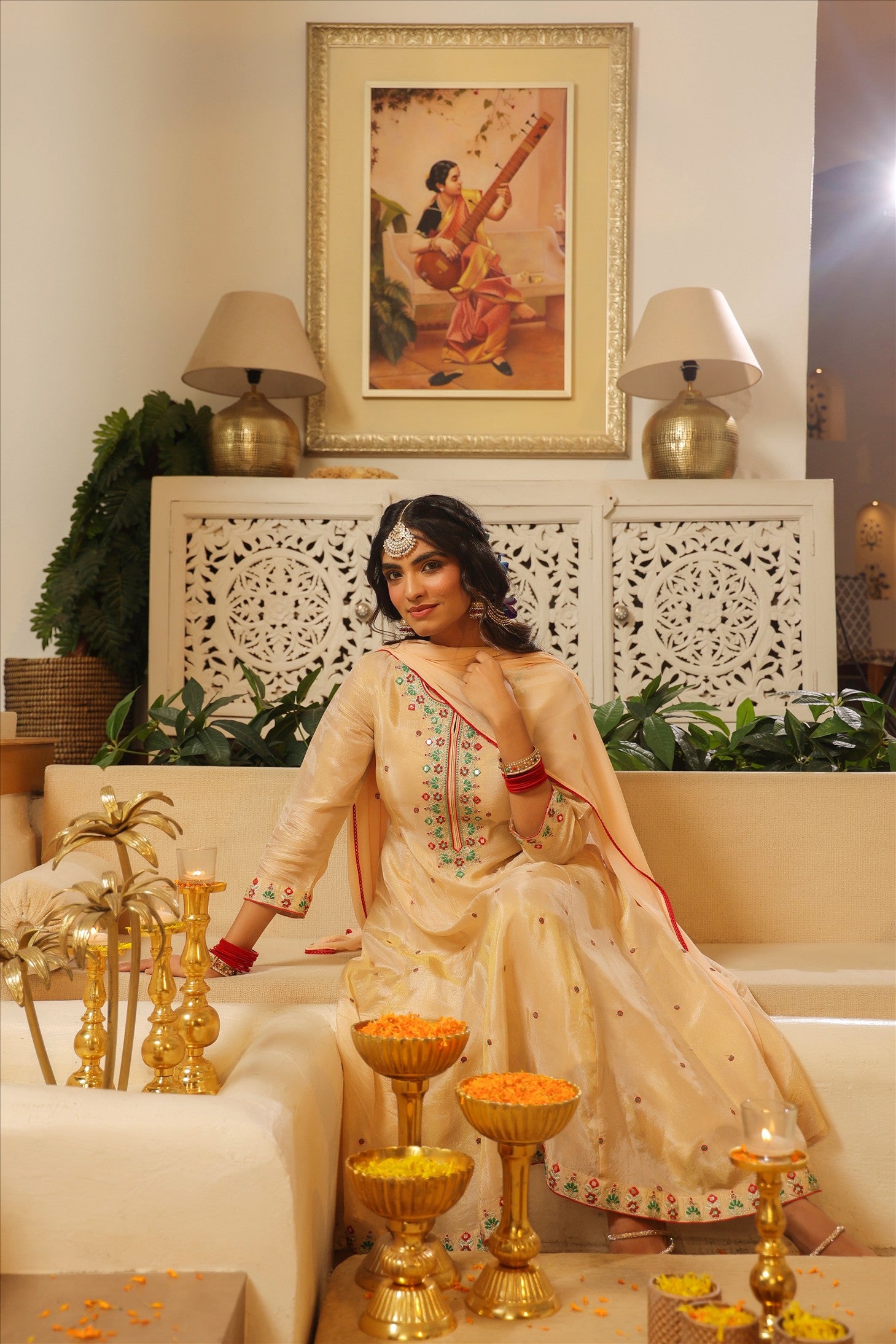 Beige Shimmer Tissue Embroidered Anarkali Suit Set