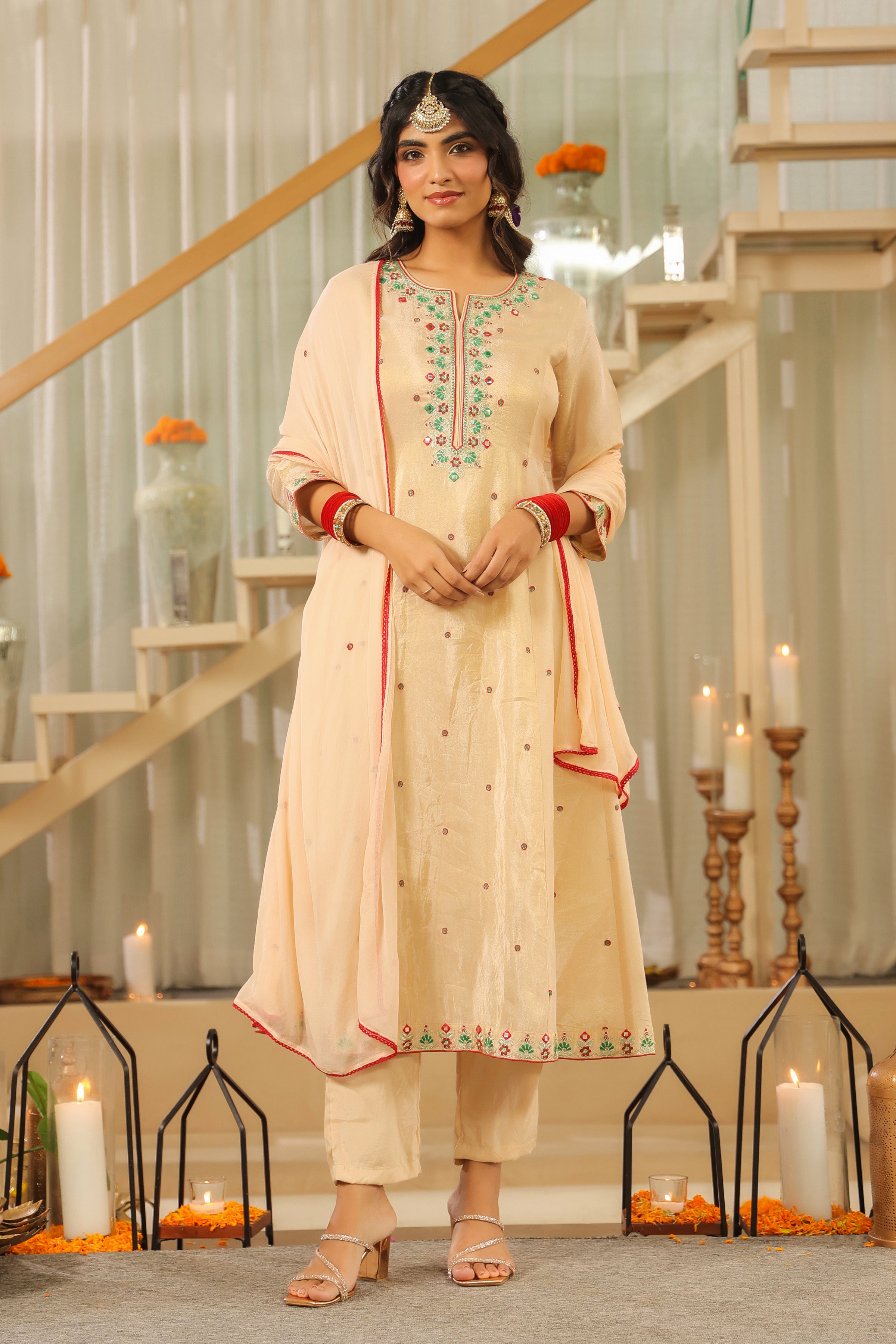 Beige Shimmer Tissue Embroidered Anarkali Suit Set