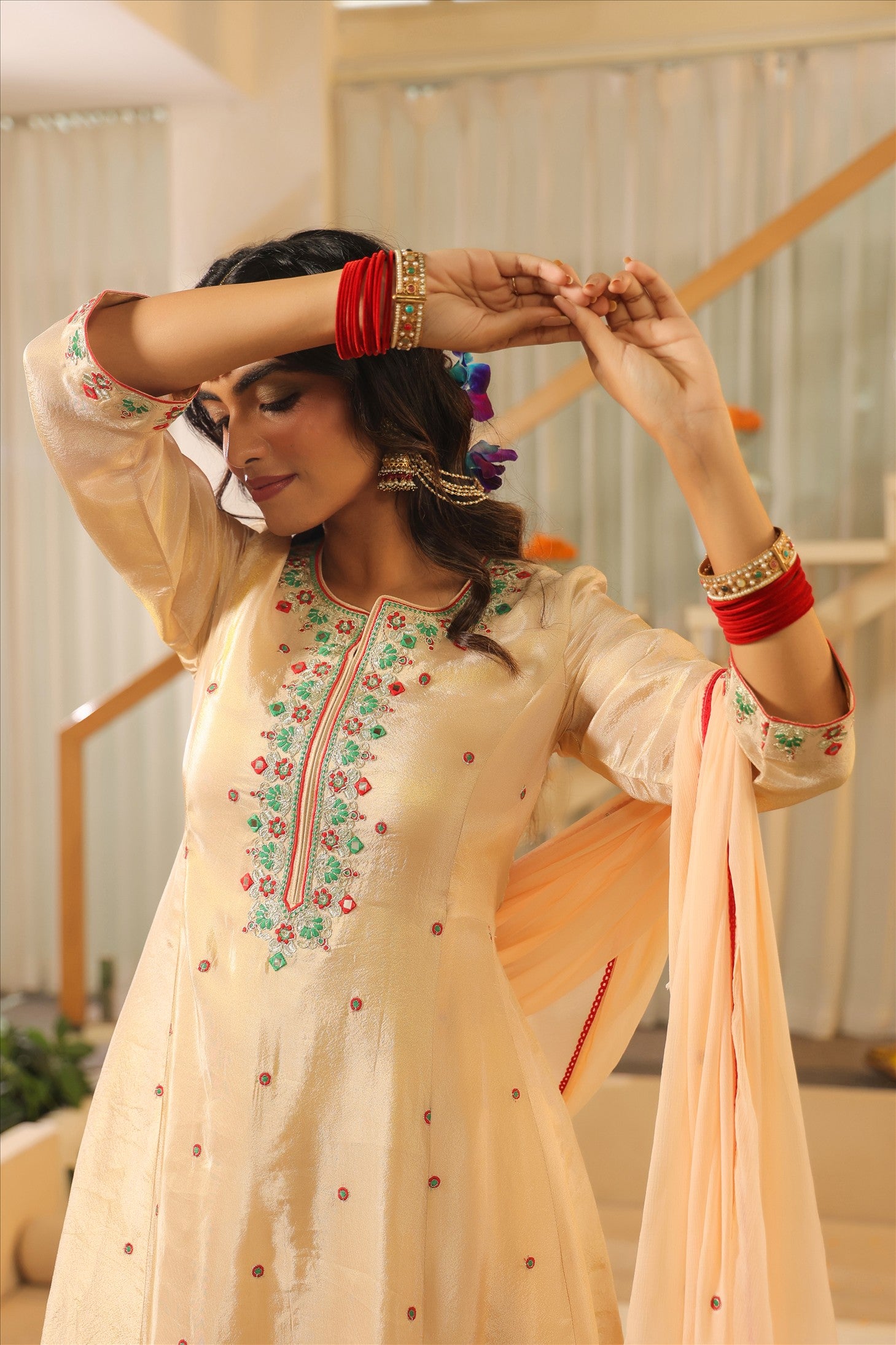 Beige Shimmer Tissue Embroidered Anarkali Suit Set