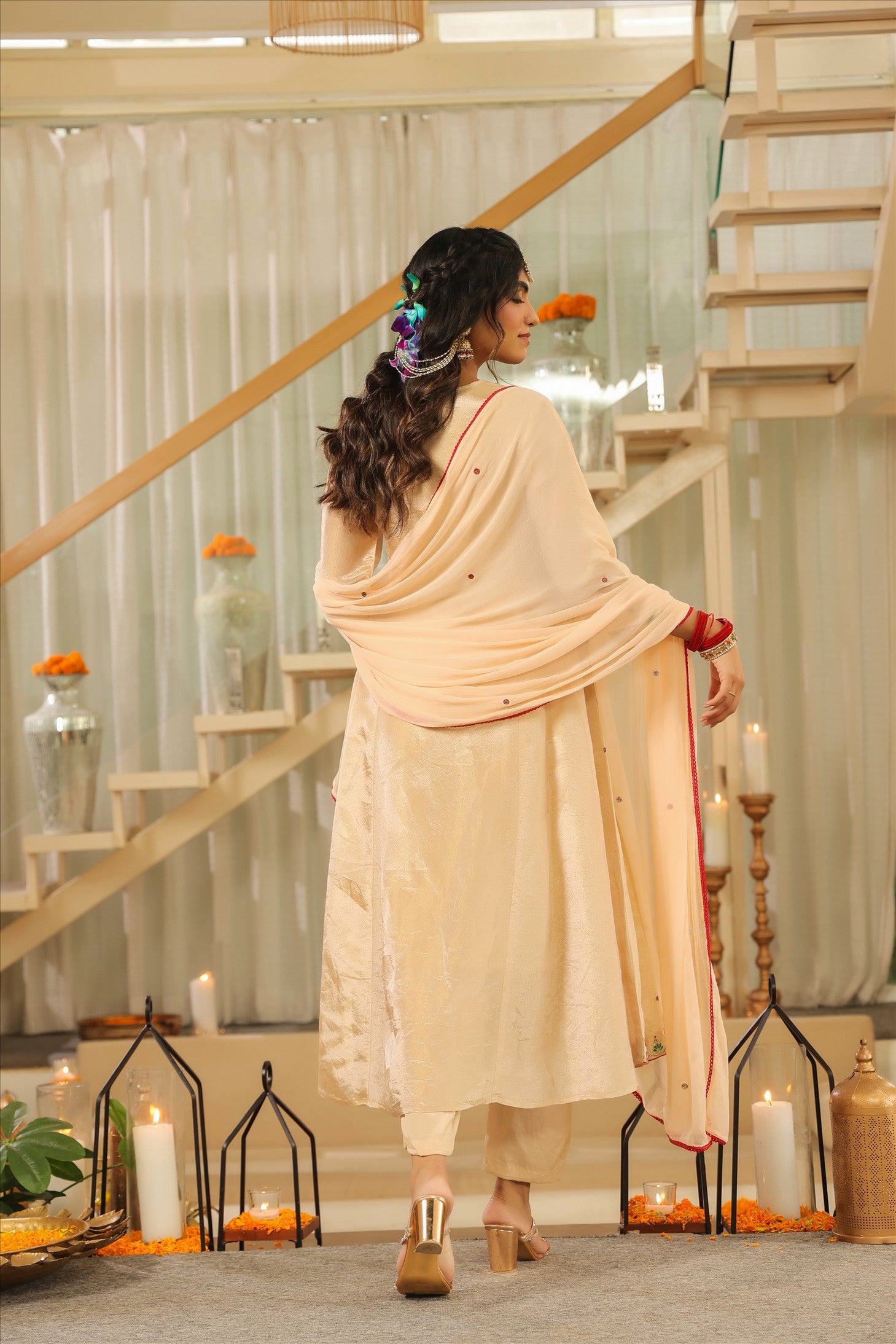 Beige Shimmer Tissue Embroidered Anarkali Suit Set