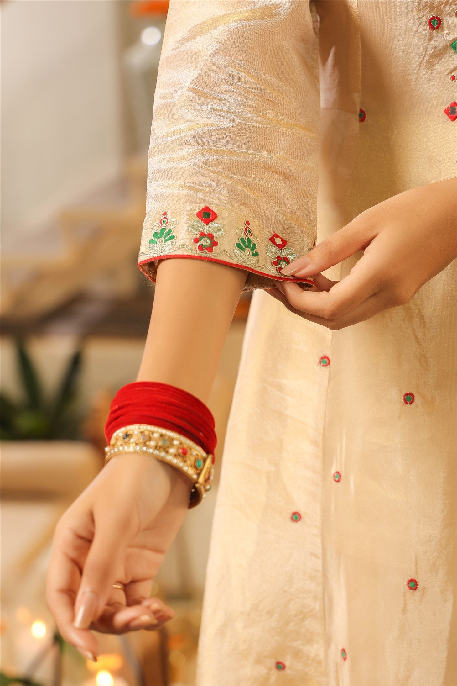 Beige Shimmer Tissue Embroidered Anarkali Suit Set