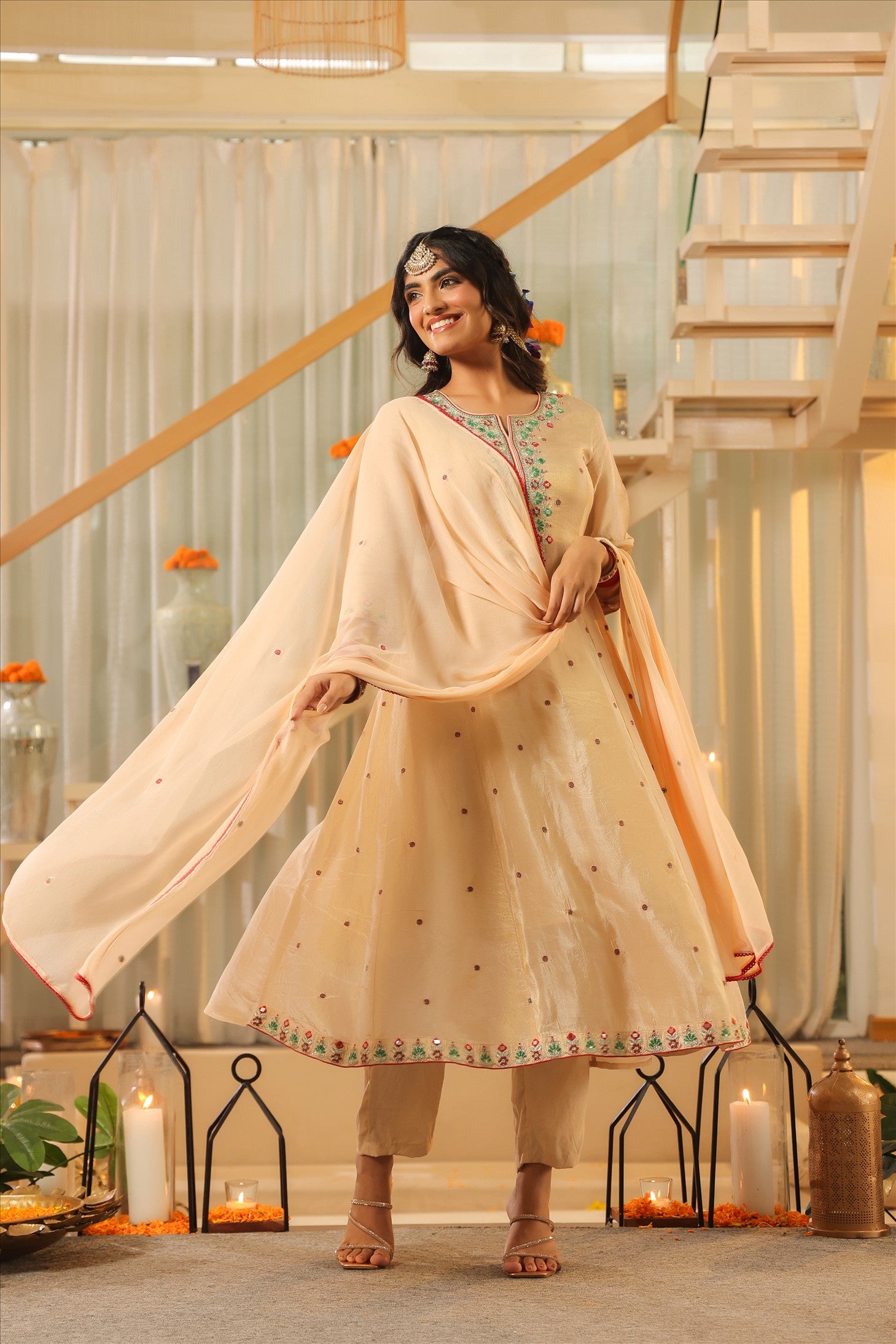 Beige Shimmer Tissue Embroidered Anarkali Suit Set