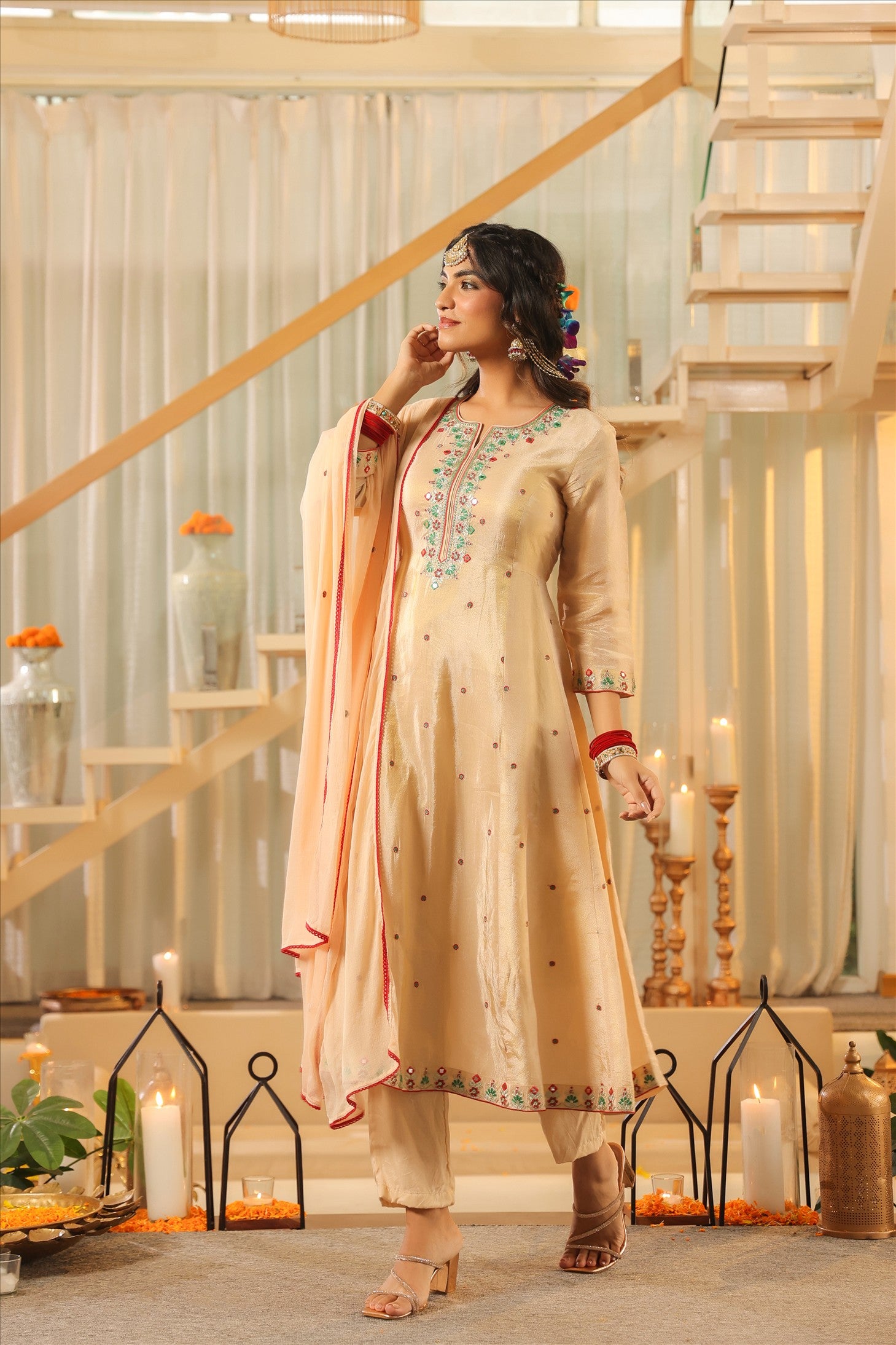 Beige Shimmer Tissue Embroidered Anarkali Suit Set