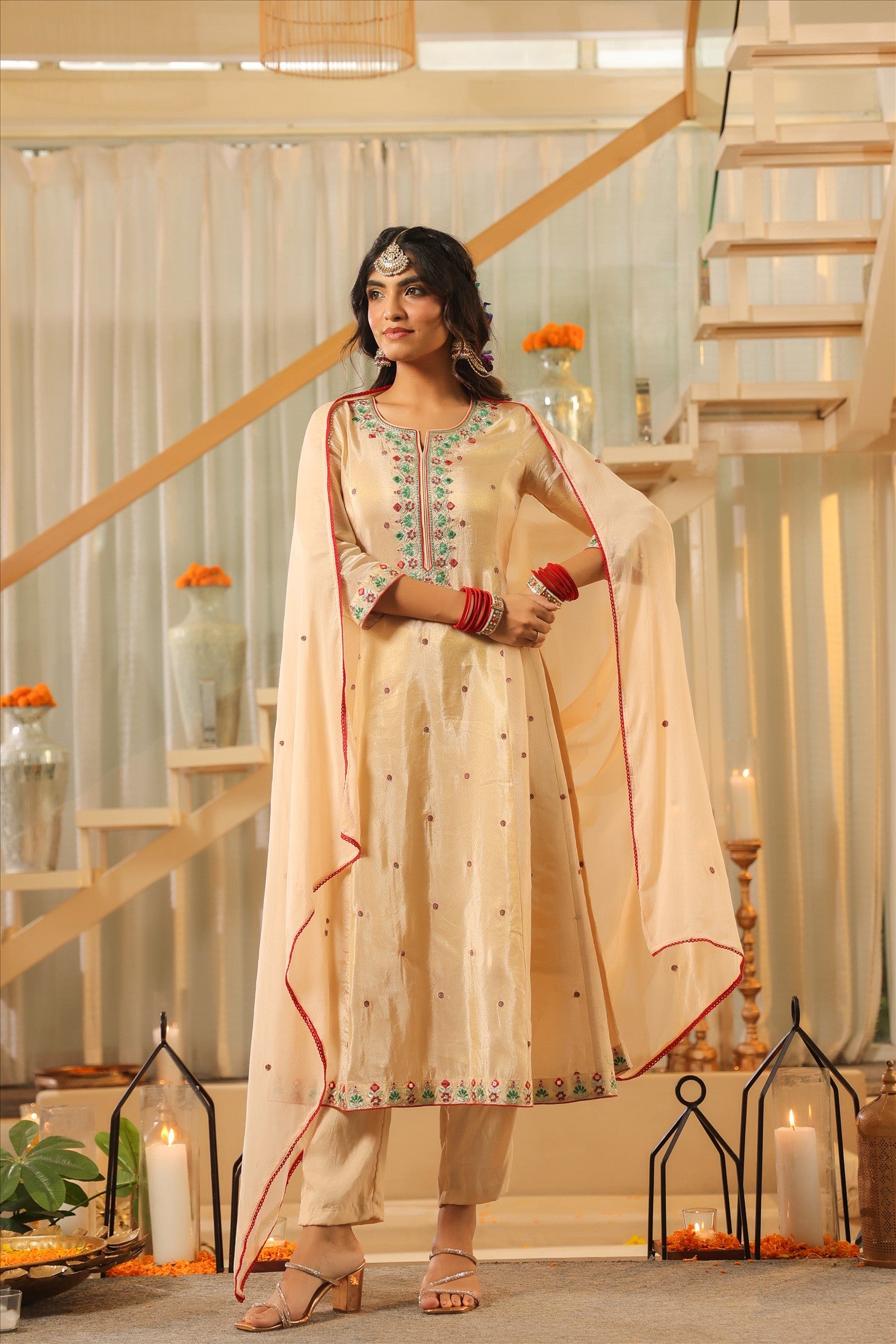 Beige Shimmer Tissue Embroidered Anarkali Suit Set