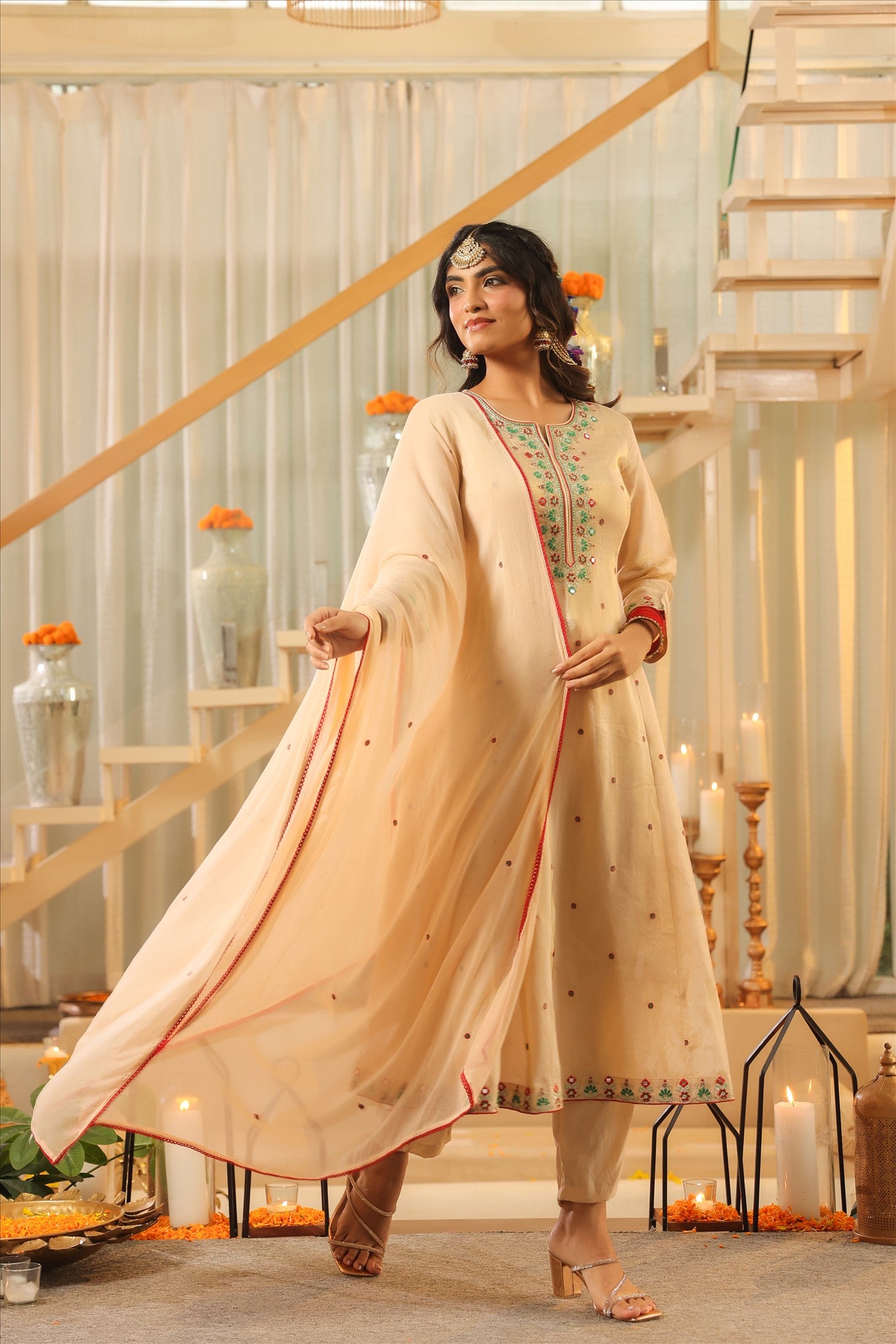 Beige Shimmer Tissue Embroidered Anarkali Suit Set