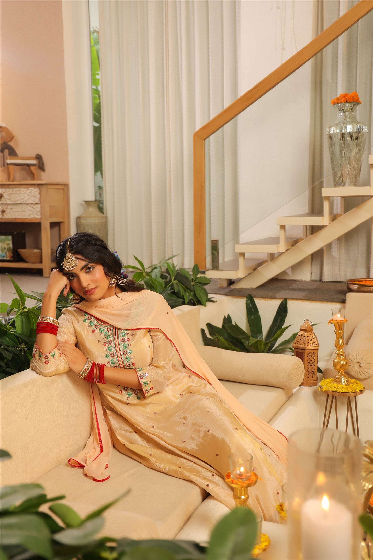 Beige Shimmer Tissue Embroidered Anarkali Suit Set