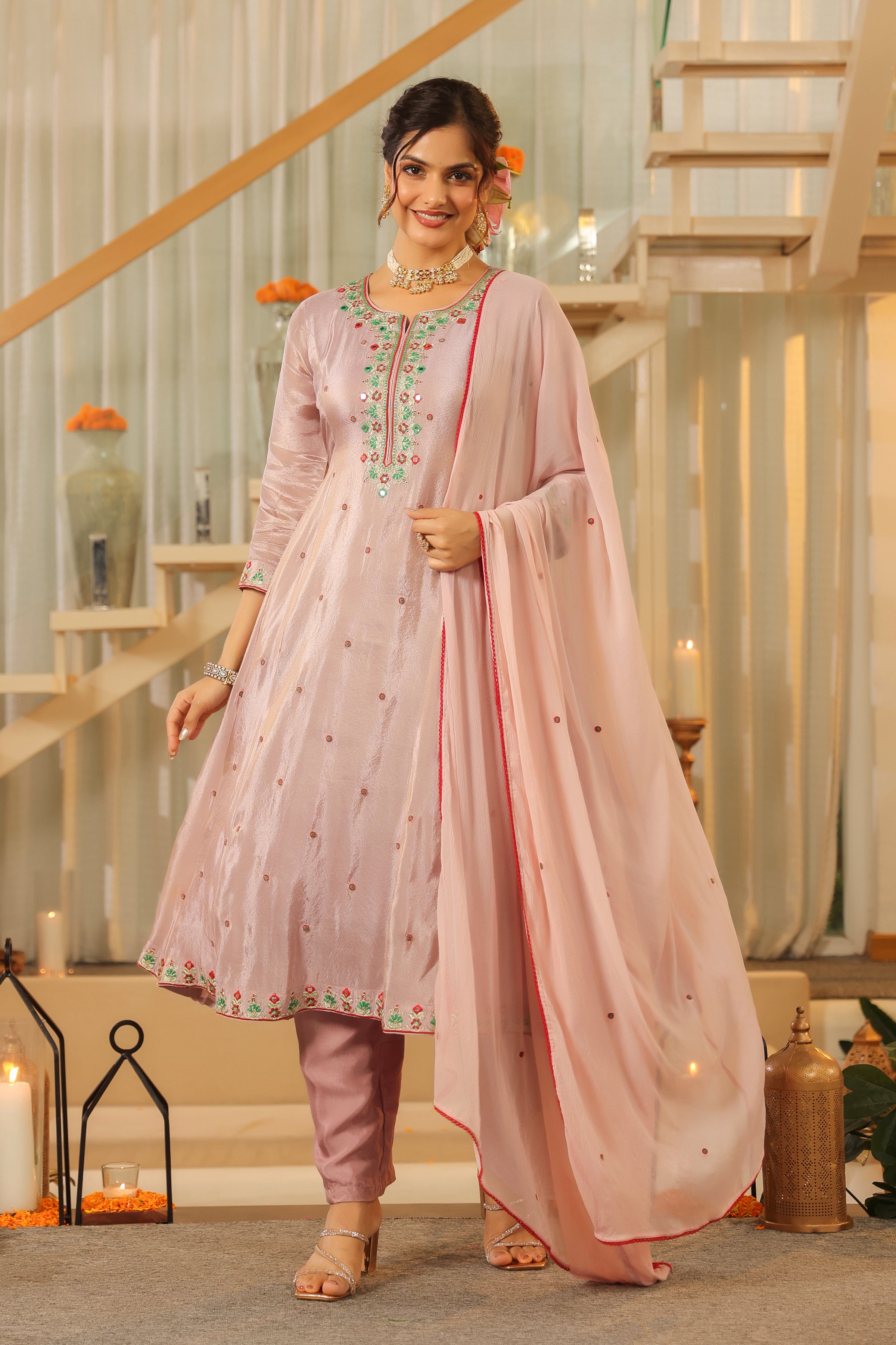 Lavender Shimmer Tissue Embroidered Anarkali Suit Set