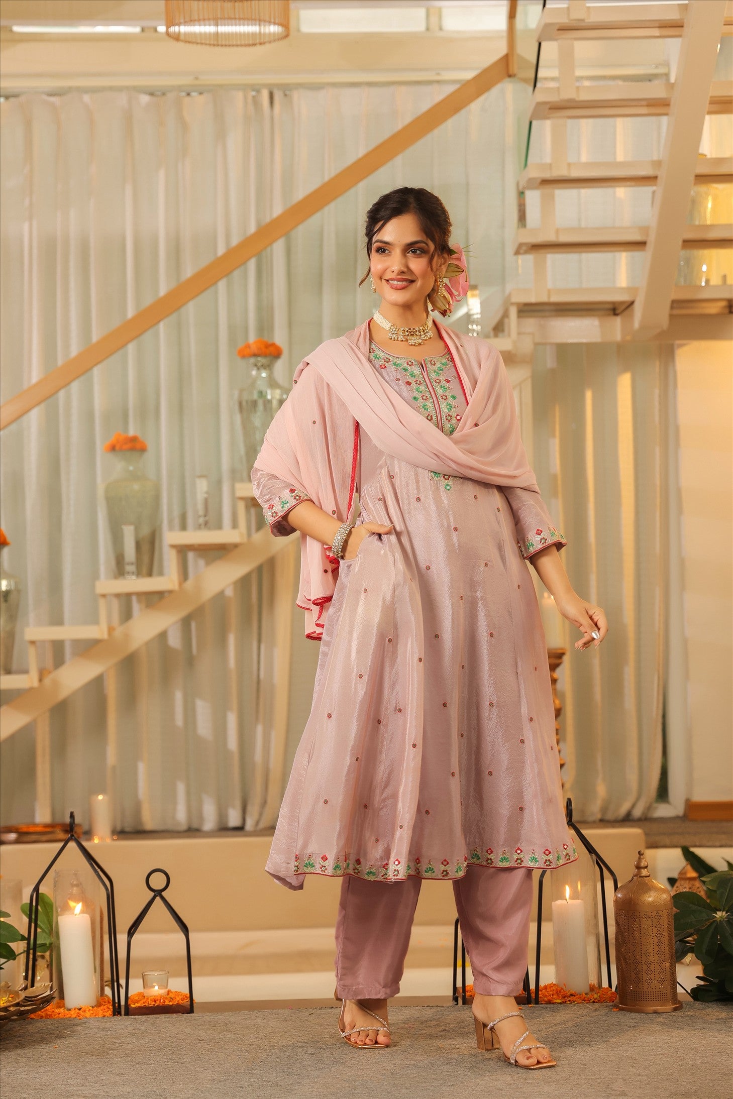 Lavender Shimmer Tissue Embroidered Anarkali Suit Set