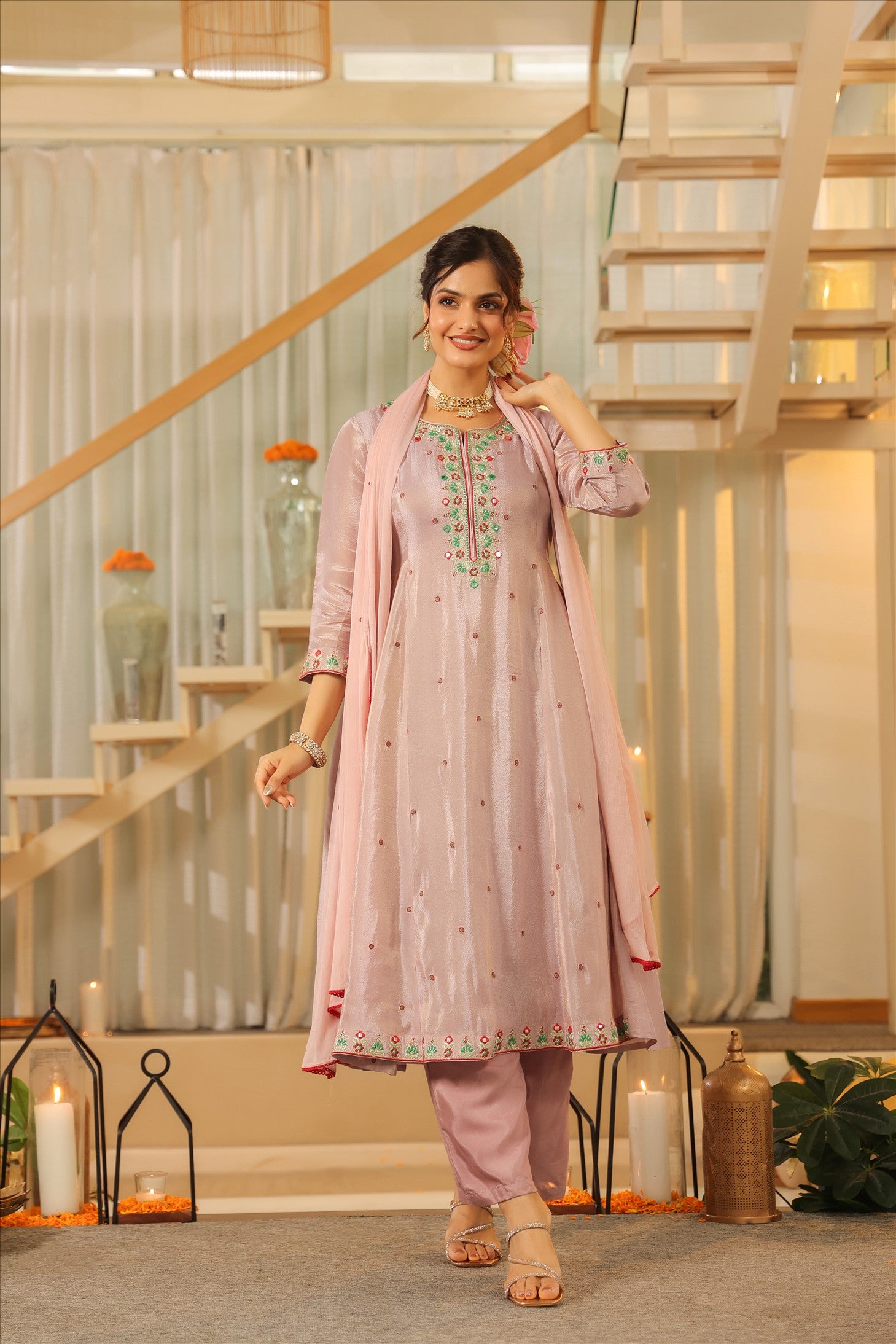 Lavender Shimmer Tissue Embroidered Anarkali Suit Set
