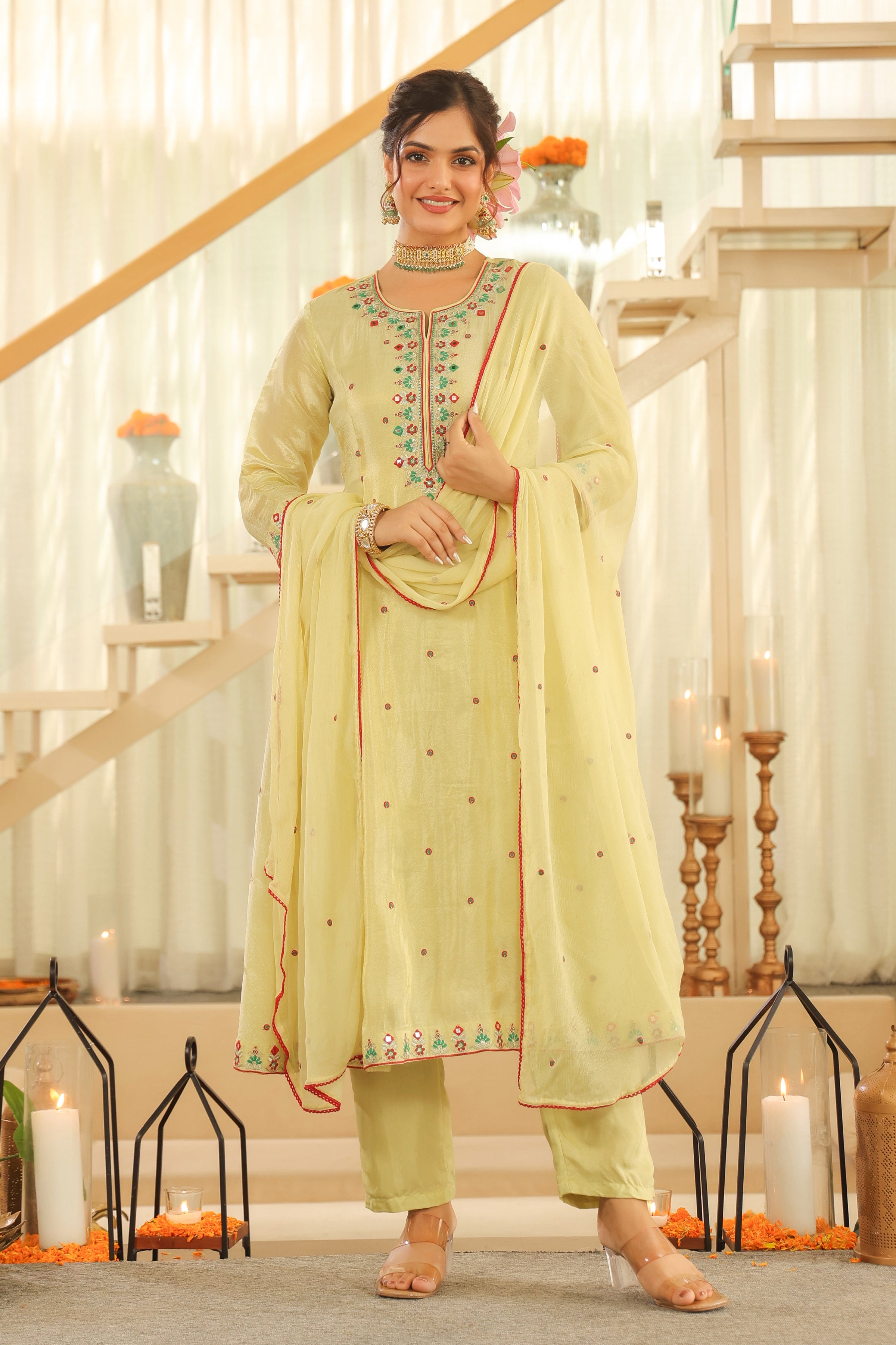 Pista Green Shimmer Tissue Embroidered Anarkali Suit Set