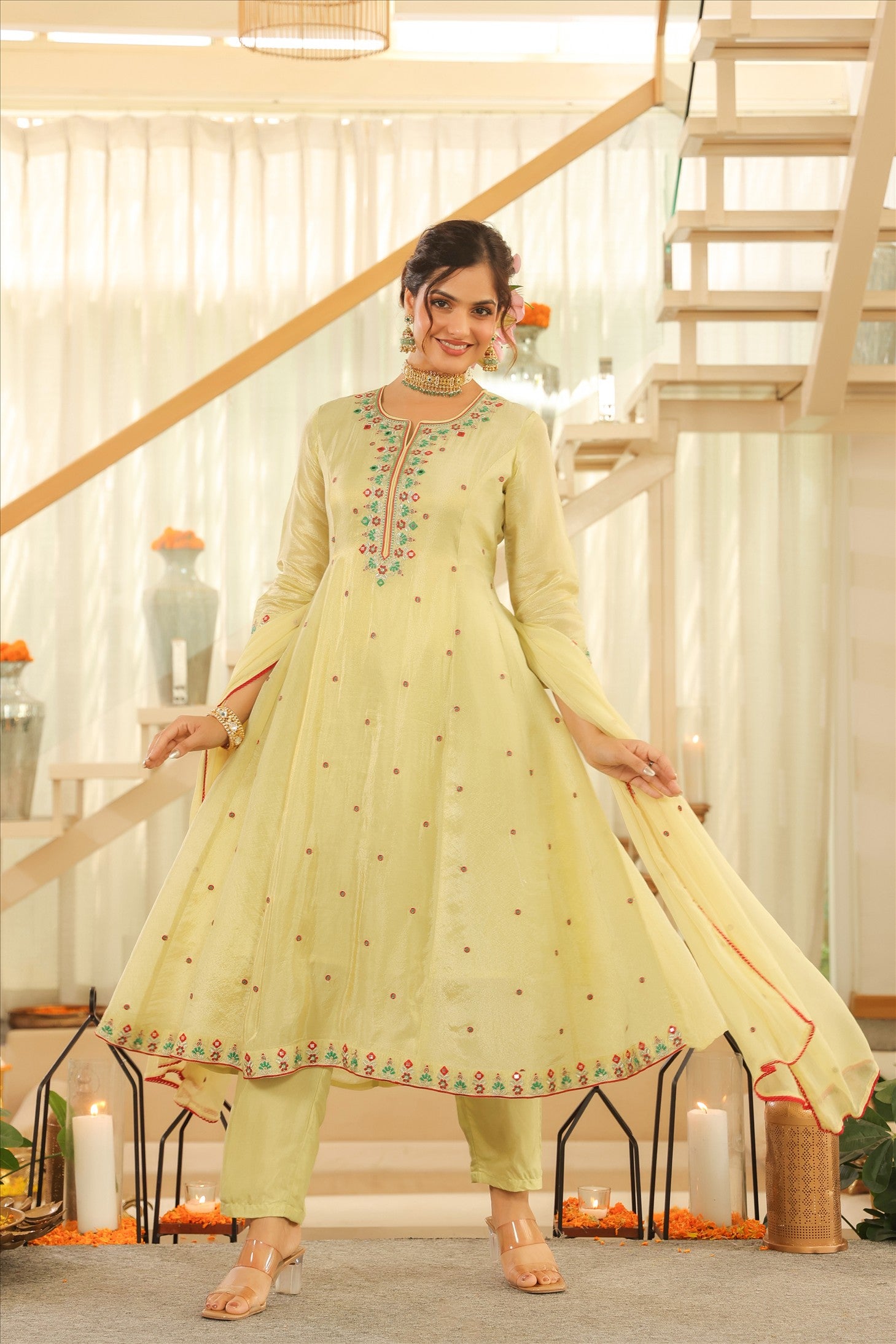 Pista Green Shimmer Tissue Embroidered Anarkali Suit Set