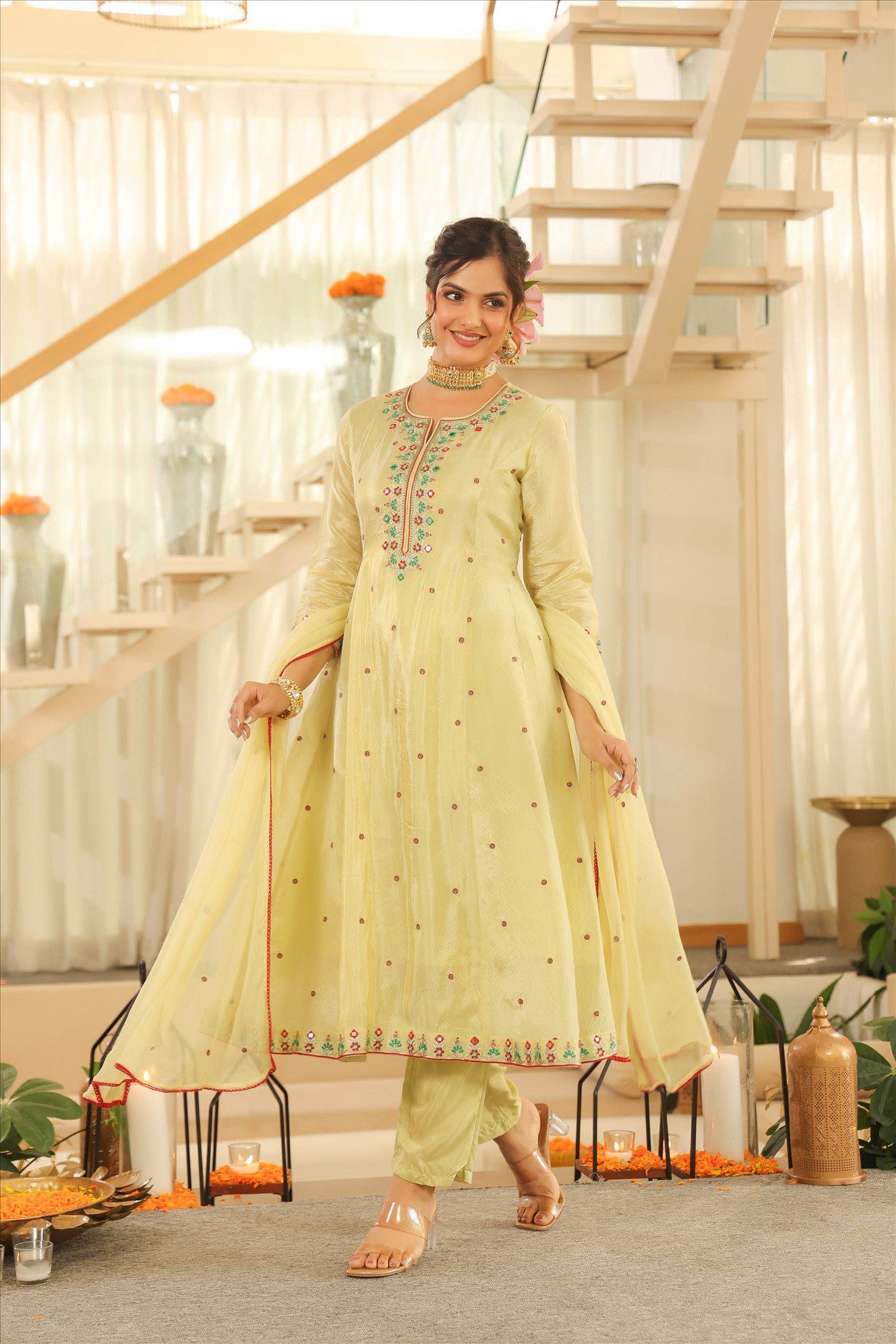 Pista Green Shimmer Tissue Embroidered Anarkali Suit Set