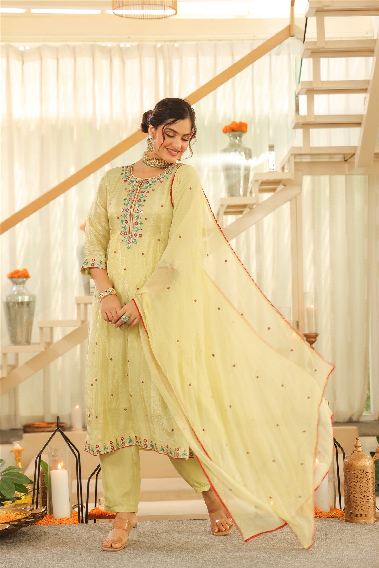 Pista Green Shimmer Tissue Embroidered Anarkali Suit Set