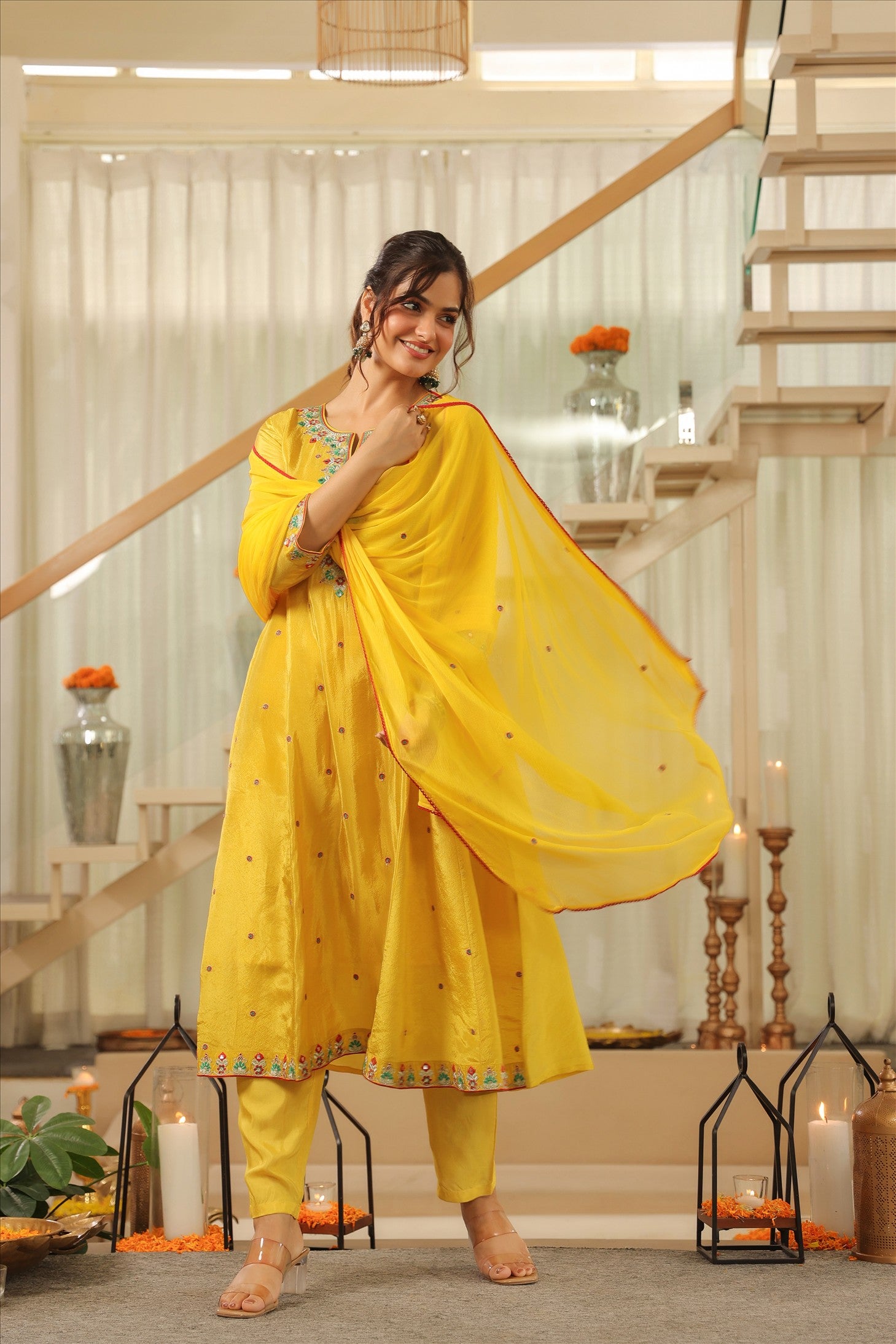 Yellow Shimmer Tissue Embroidered Anarkali Suit Set