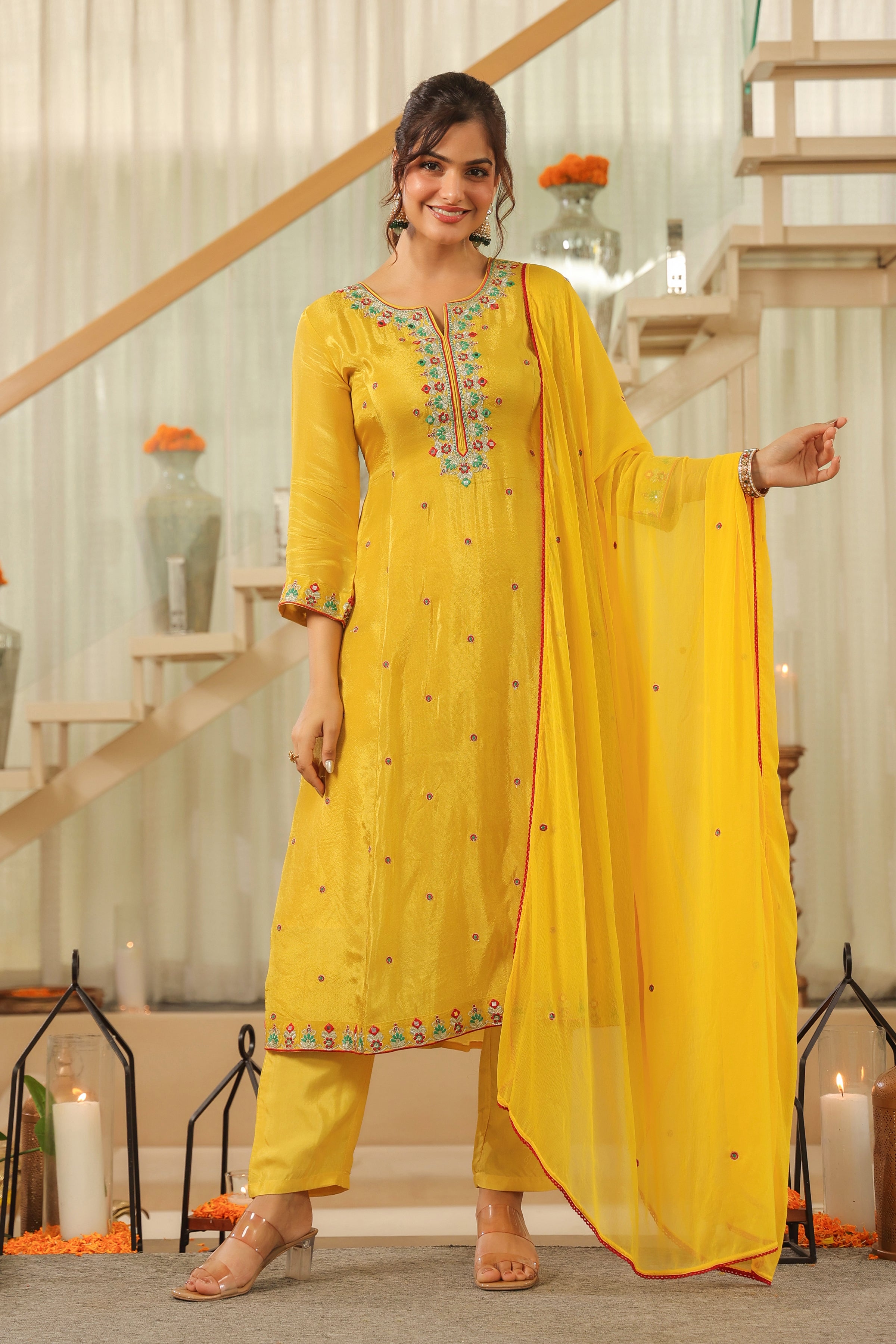 Yellow Shimmer Tissue Embroidered Anarkali Suit Set