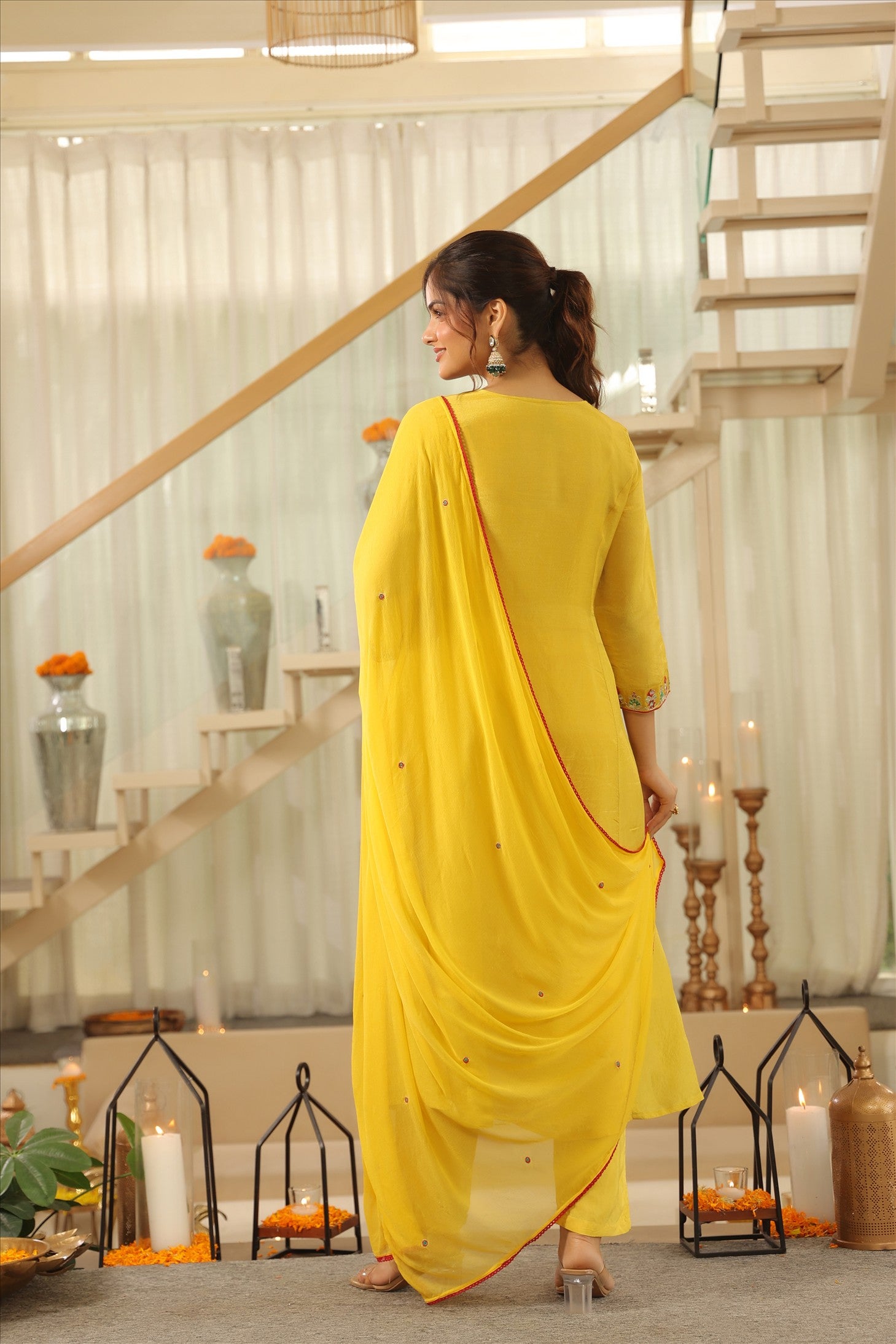 Yellow Shimmer Tissue Embroidered Anarkali Suit Set