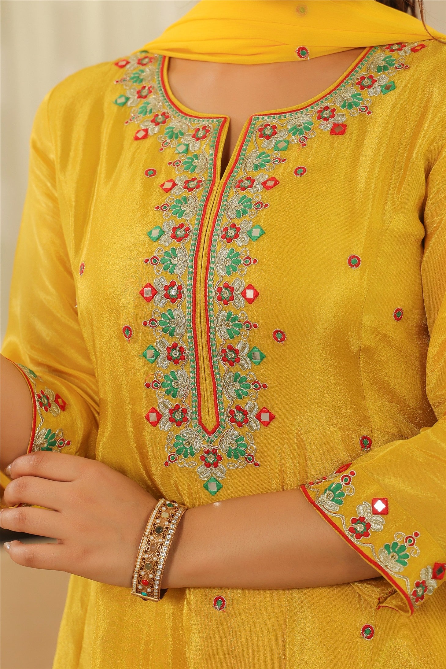 Yellow Shimmer Tissue Embroidered Anarkali Suit Set