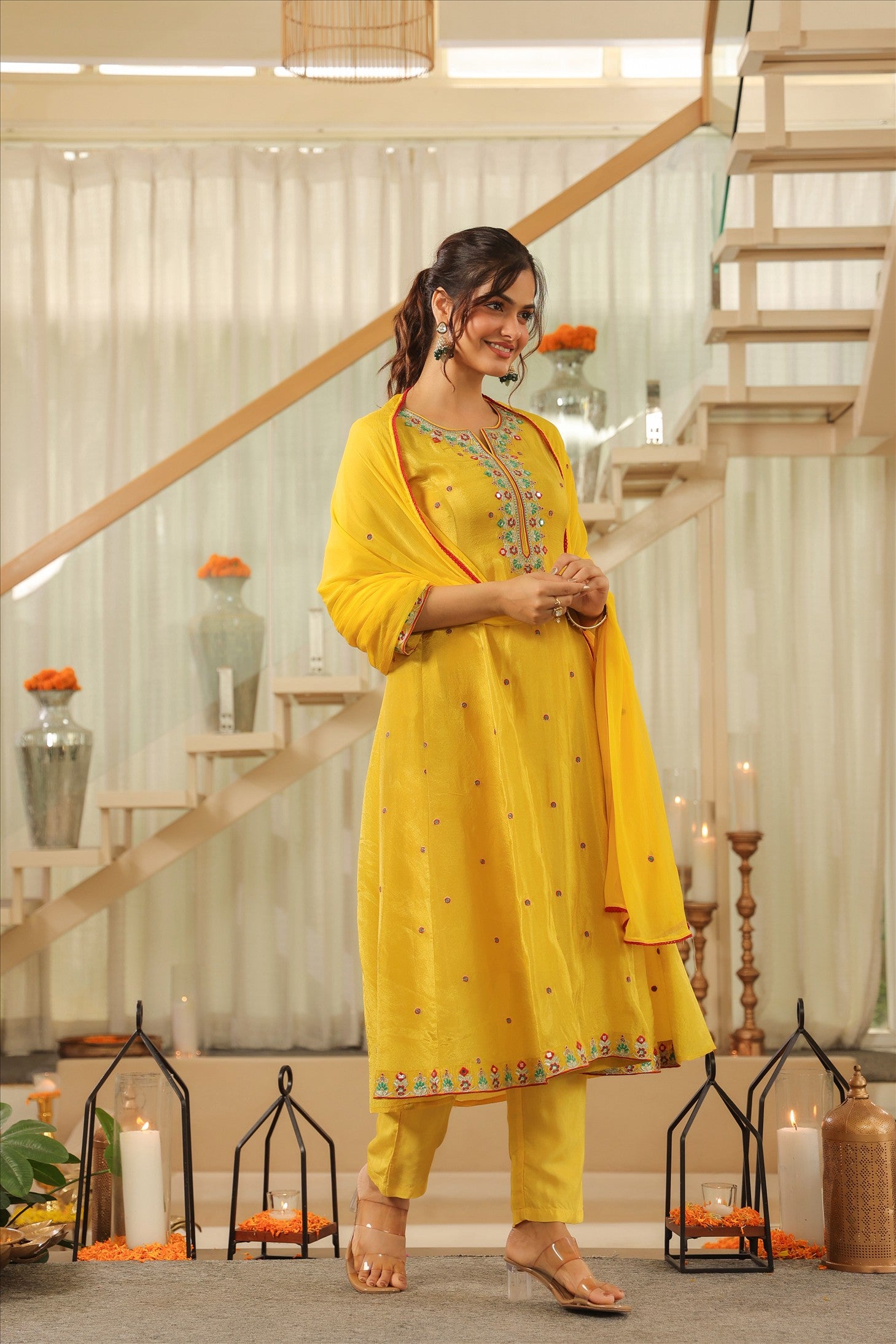 Yellow Shimmer Tissue Embroidered Anarkali Suit Set