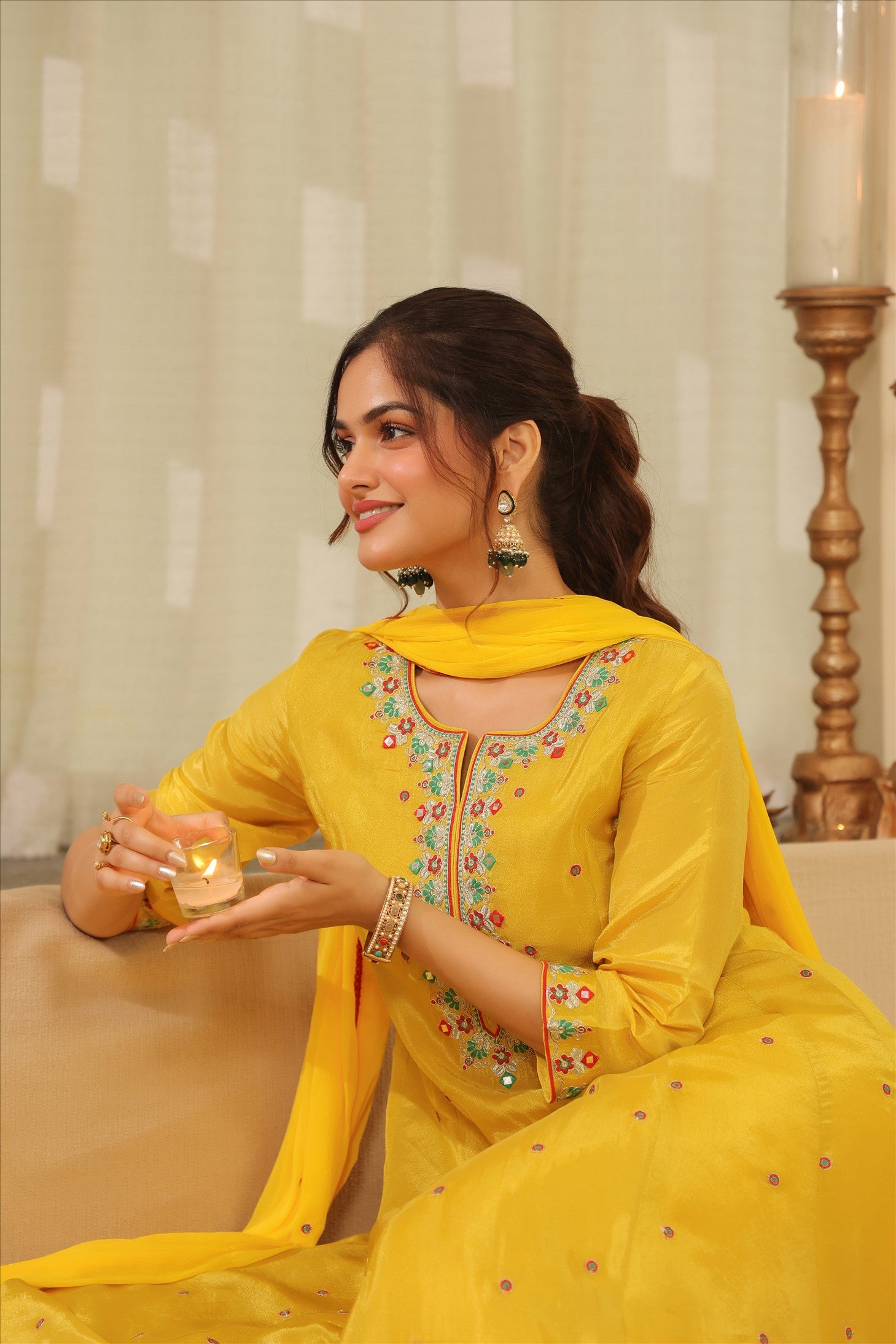 Yellow Shimmer Tissue Embroidered Anarkali Suit Set