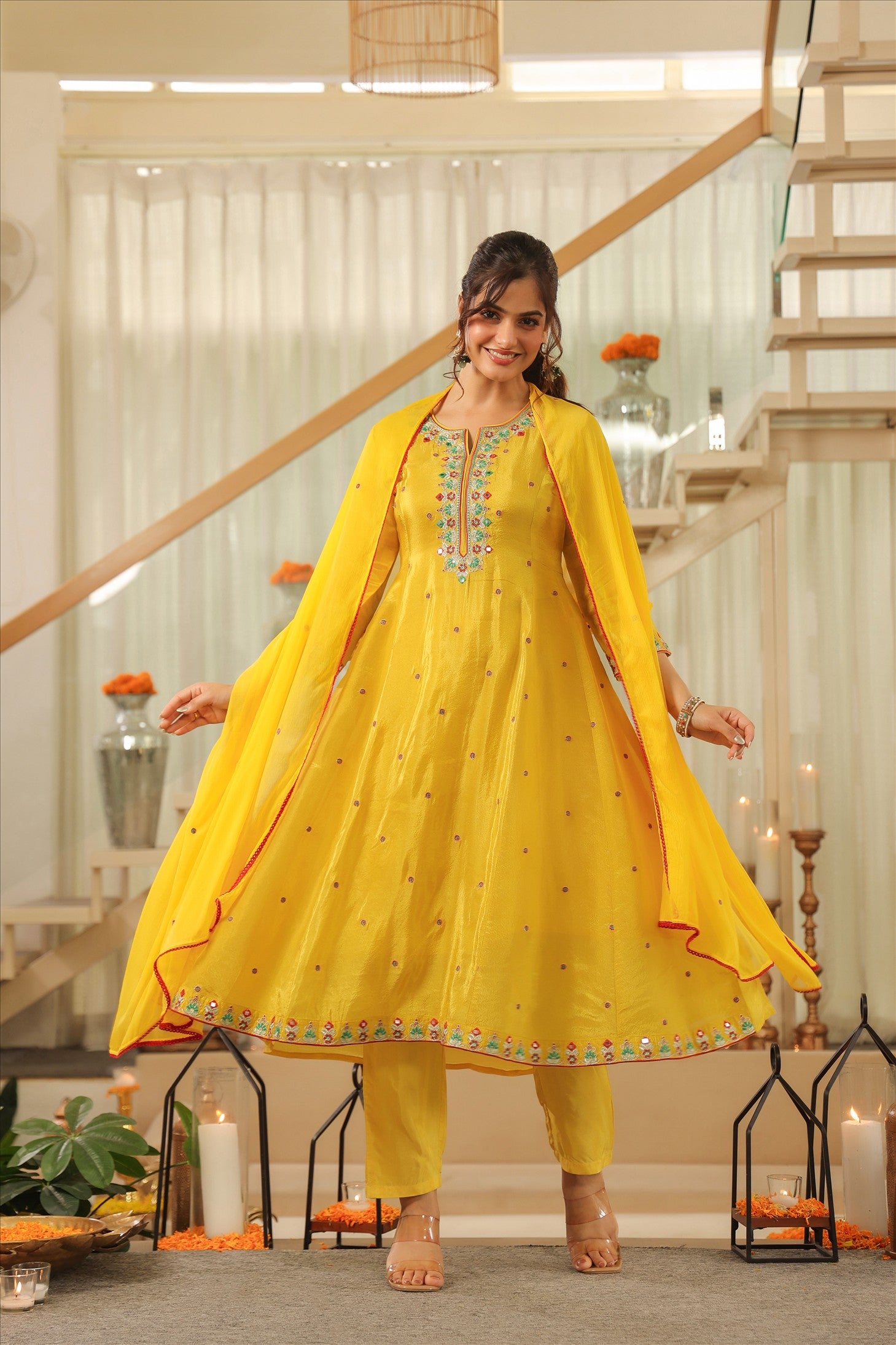 Yellow Shimmer Tissue Embroidered Anarkali Suit Set