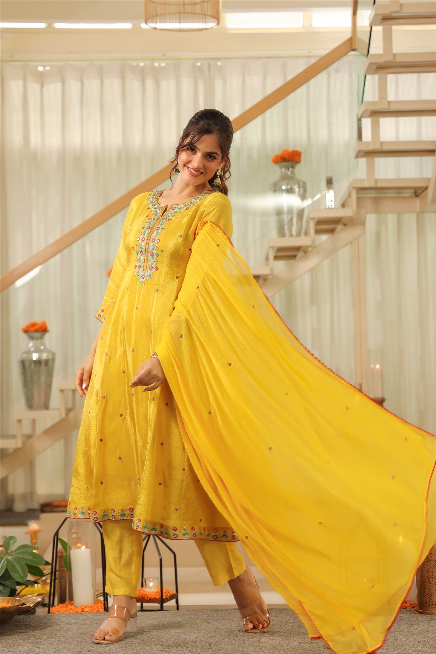 Yellow Shimmer Tissue Embroidered Anarkali Suit Set