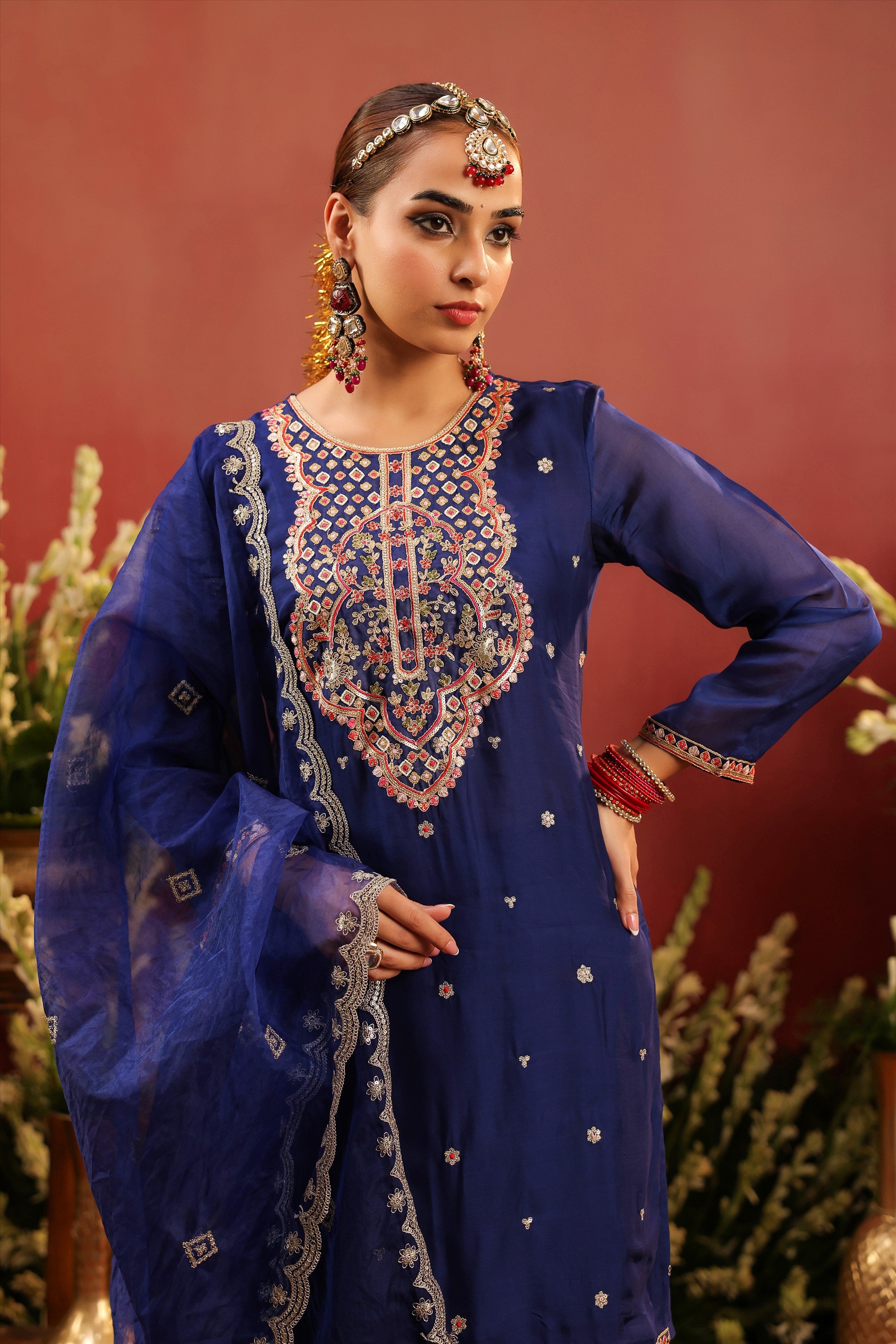 Midnight Blue Organza Silk Embroidered Sharara Set