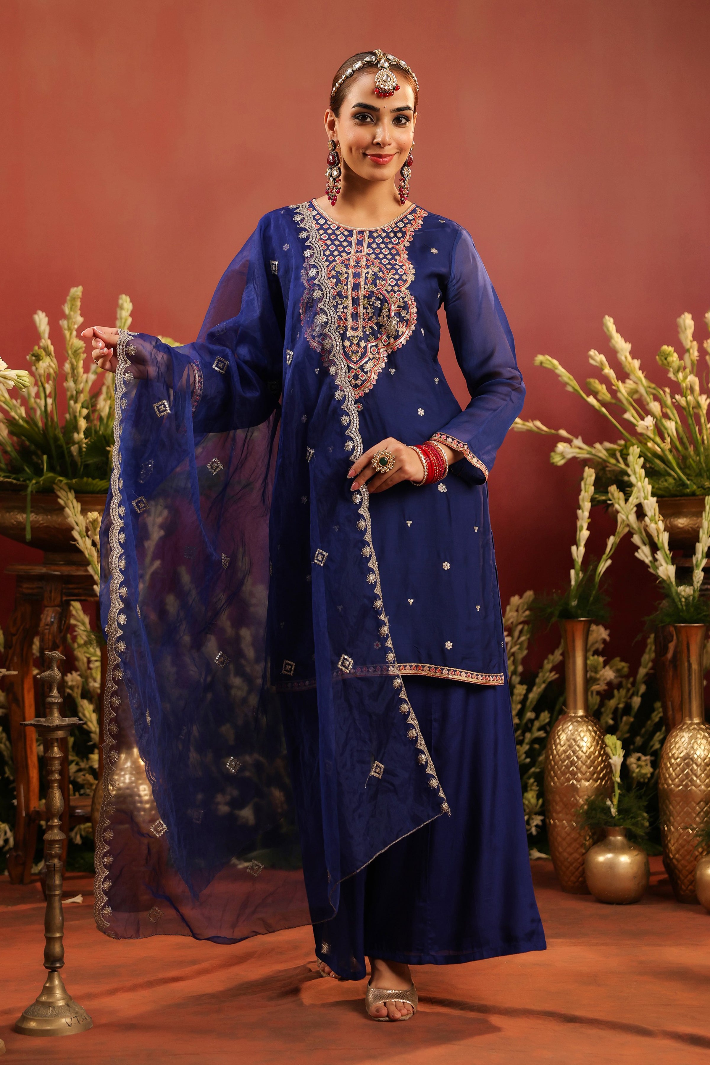Midnight Blue Organza Silk Embroidered Sharara Set
