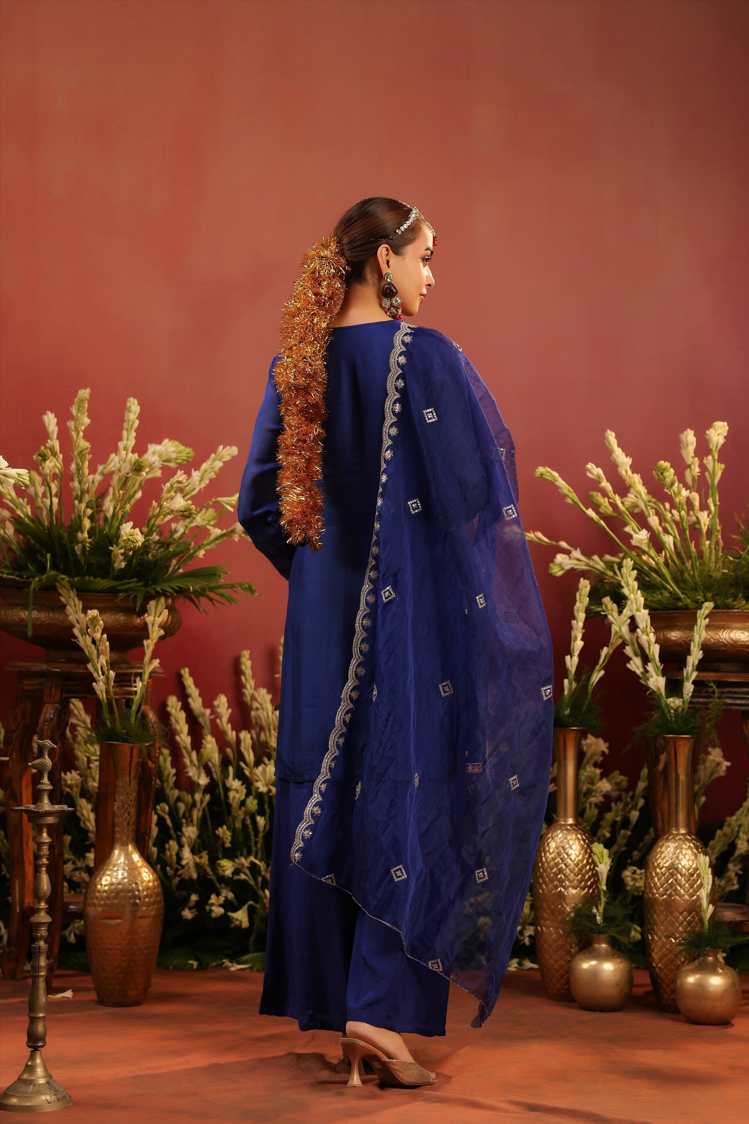 Midnight Blue Organza Silk Embroidered Sharara Set