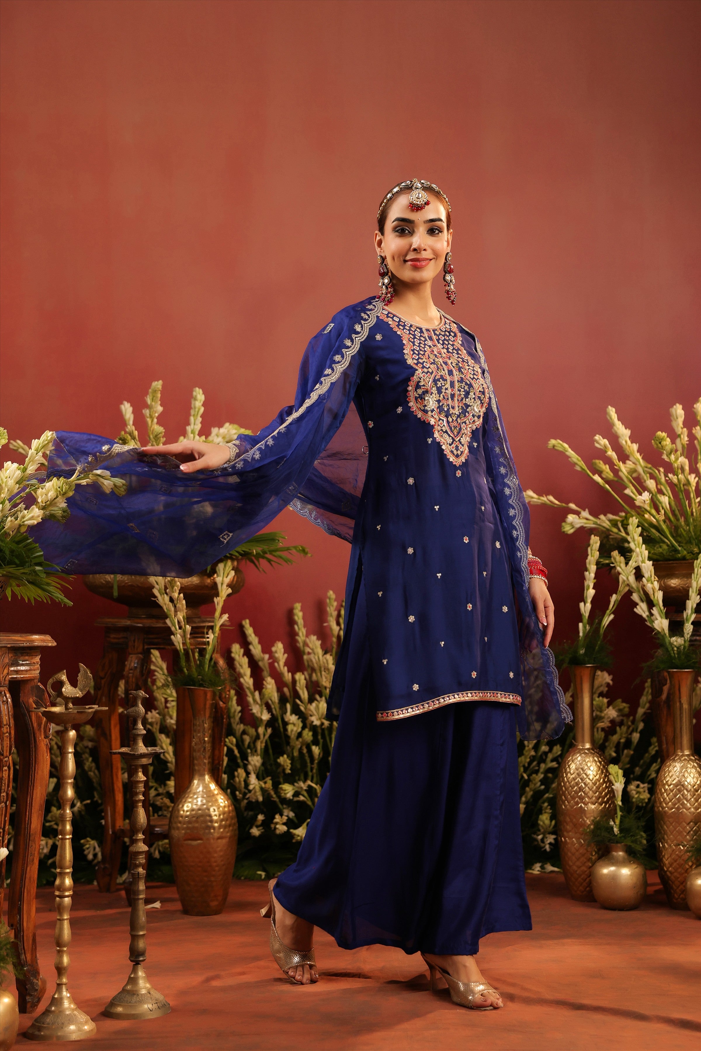 Midnight Blue Organza Silk Embroidered Sharara Set