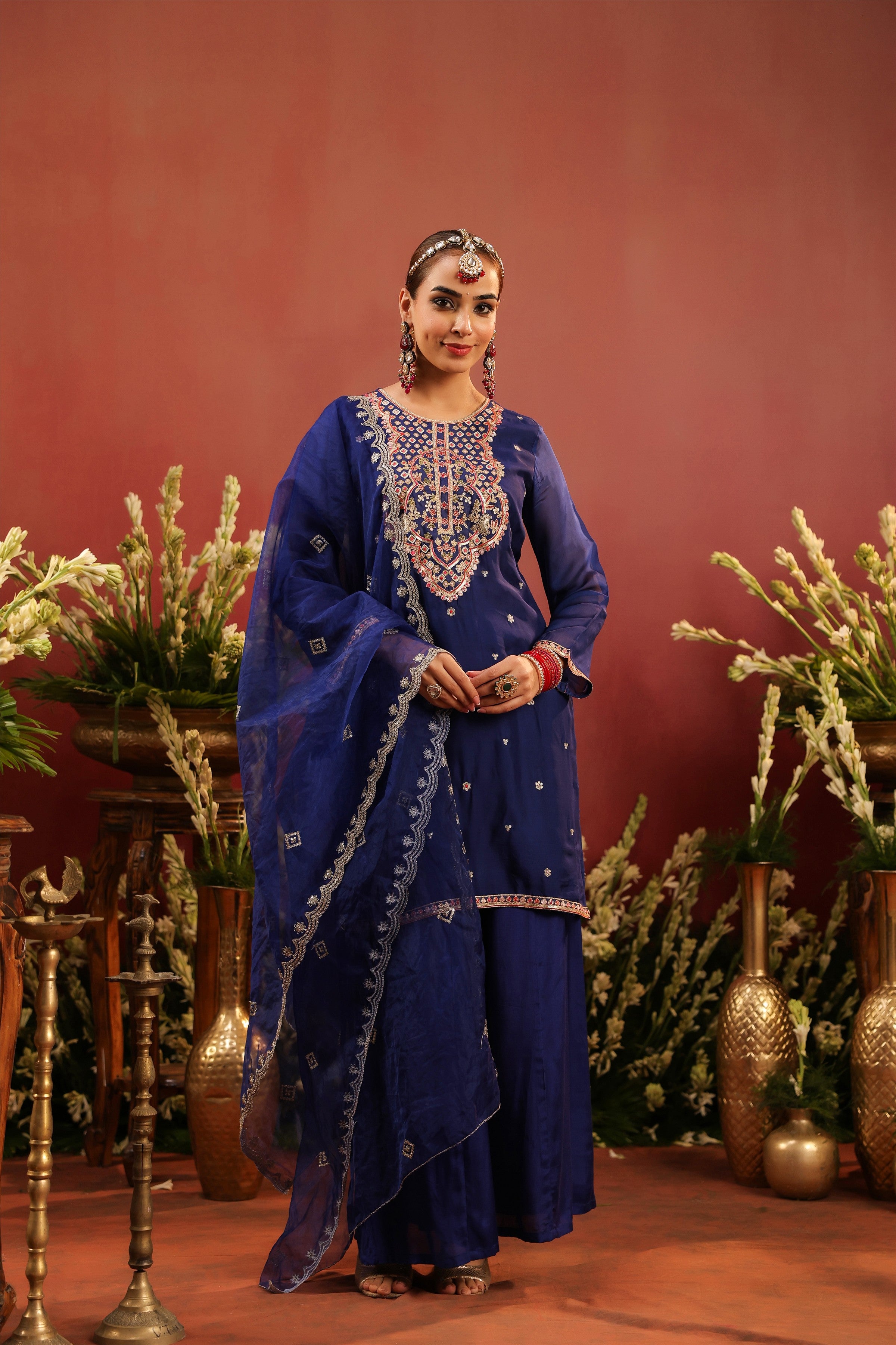Midnight Blue Organza Silk Embroidered Sharara Set