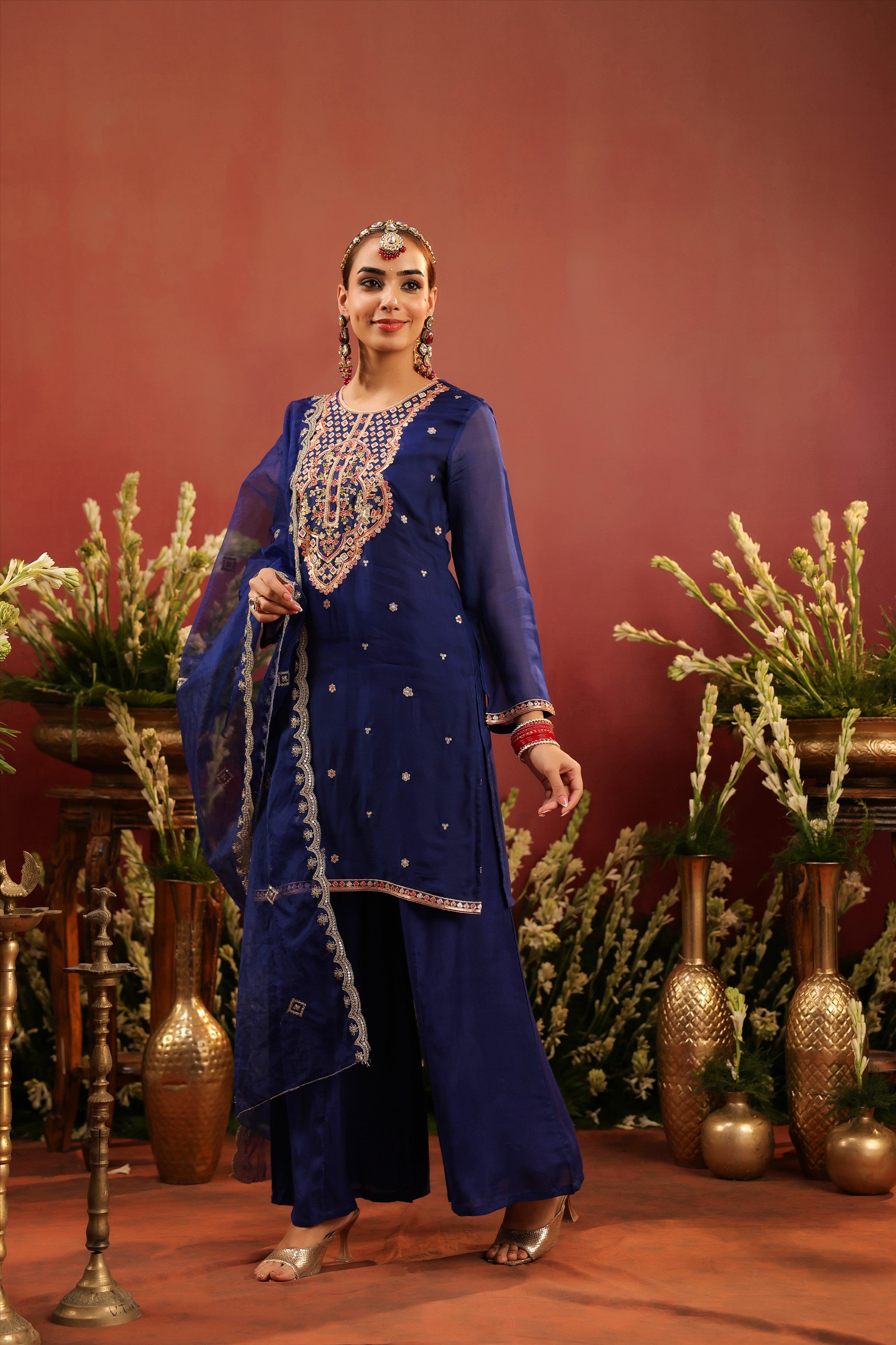 Midnight Blue Organza Silk Embroidered Sharara Set