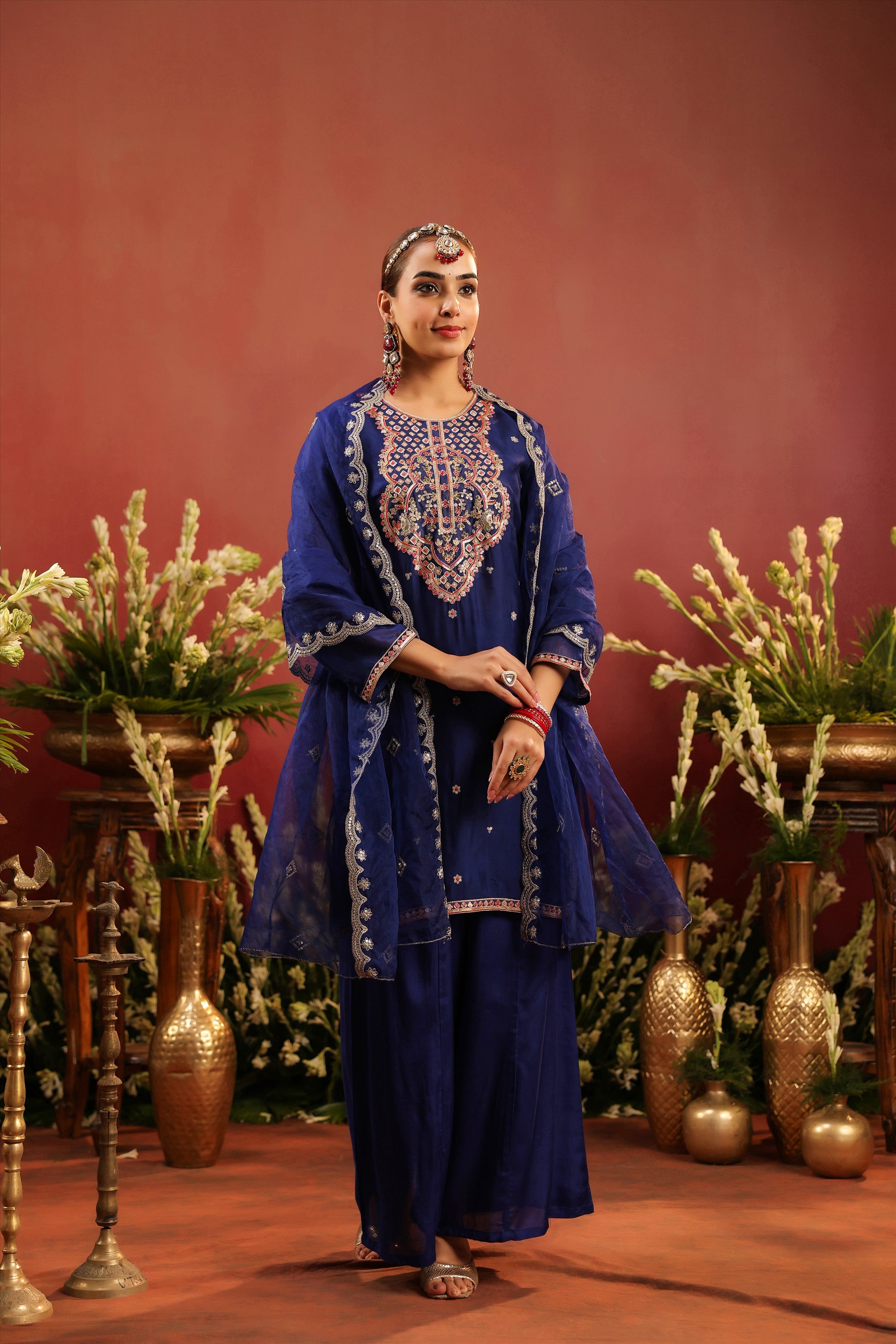 Midnight Blue Organza Silk Embroidered Sharara Set