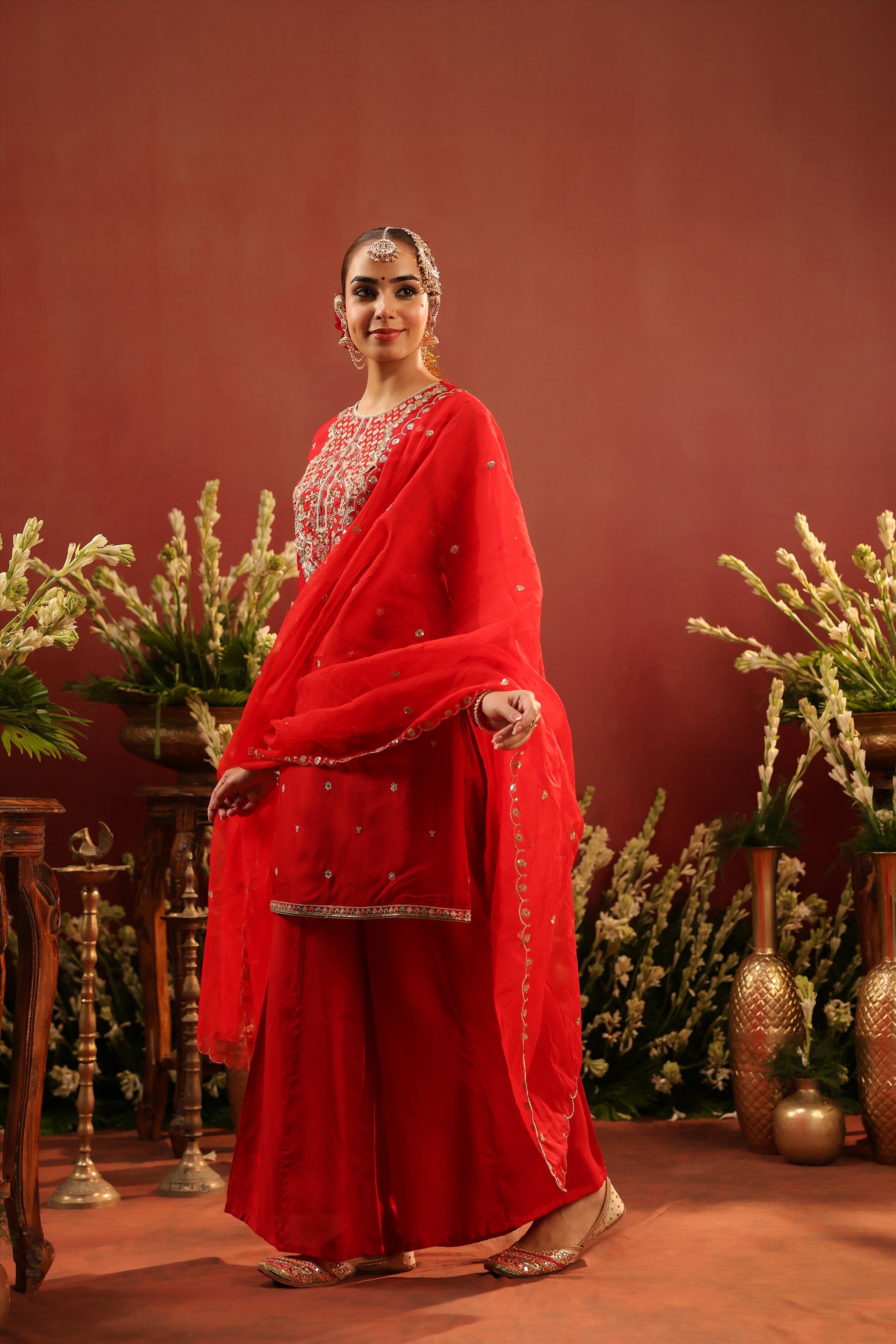 Red Organza Silk Embroidered Sharara Set