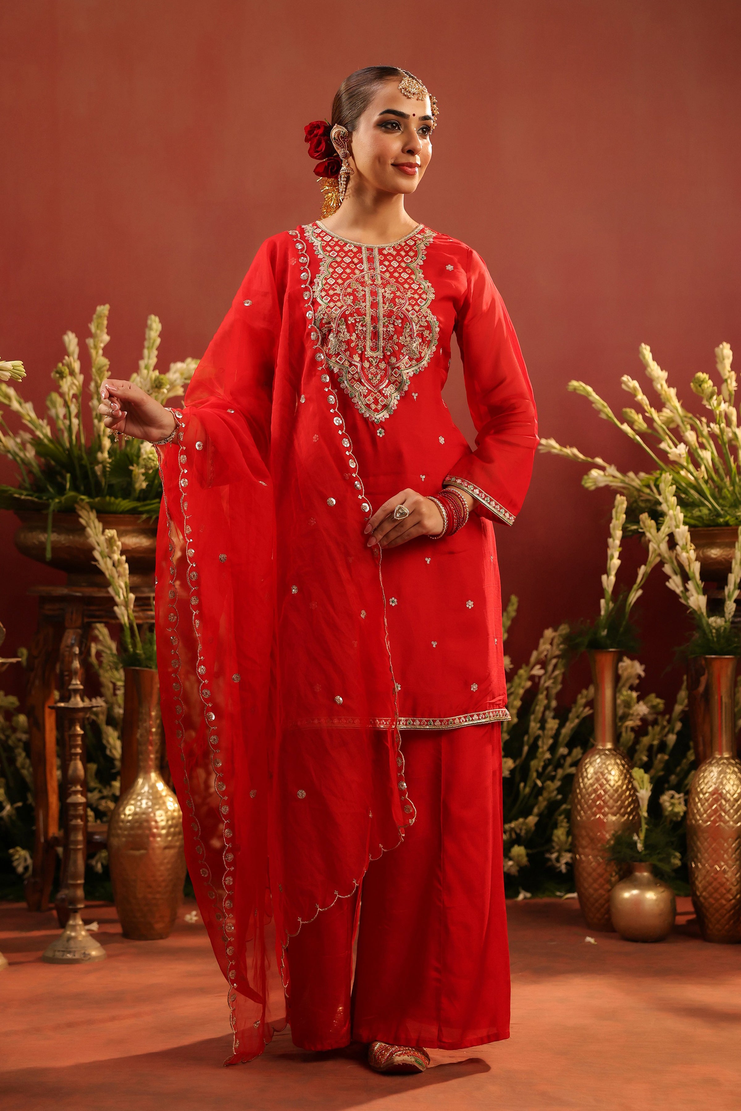 Red Organza Silk Embroidered Sharara Set