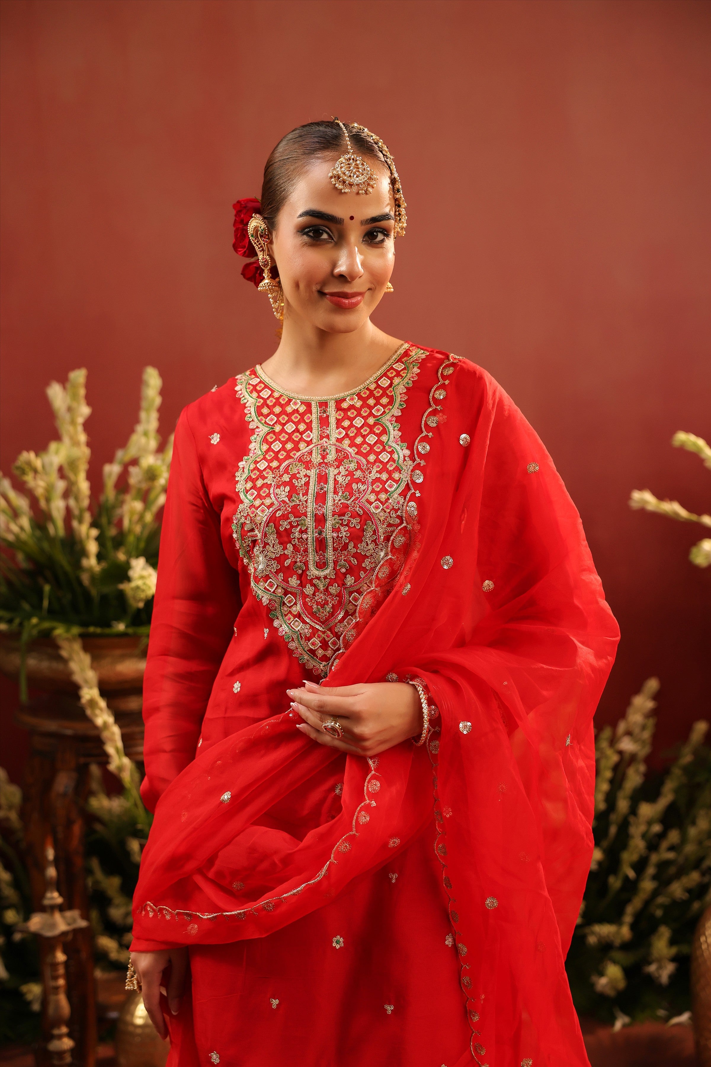 Red Organza Silk Embroidered Sharara Set