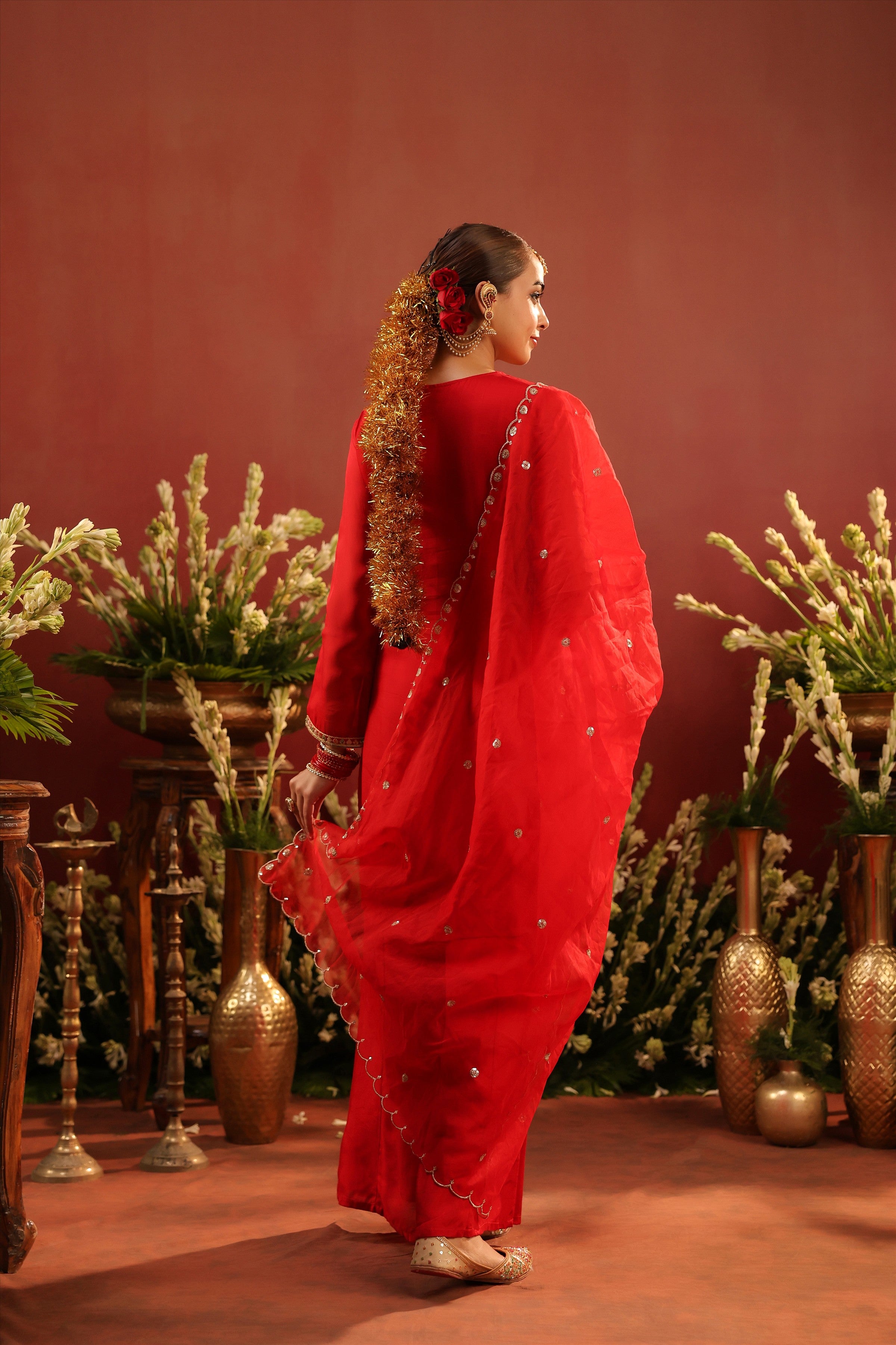 Red Organza Silk Embroidered Sharara Set