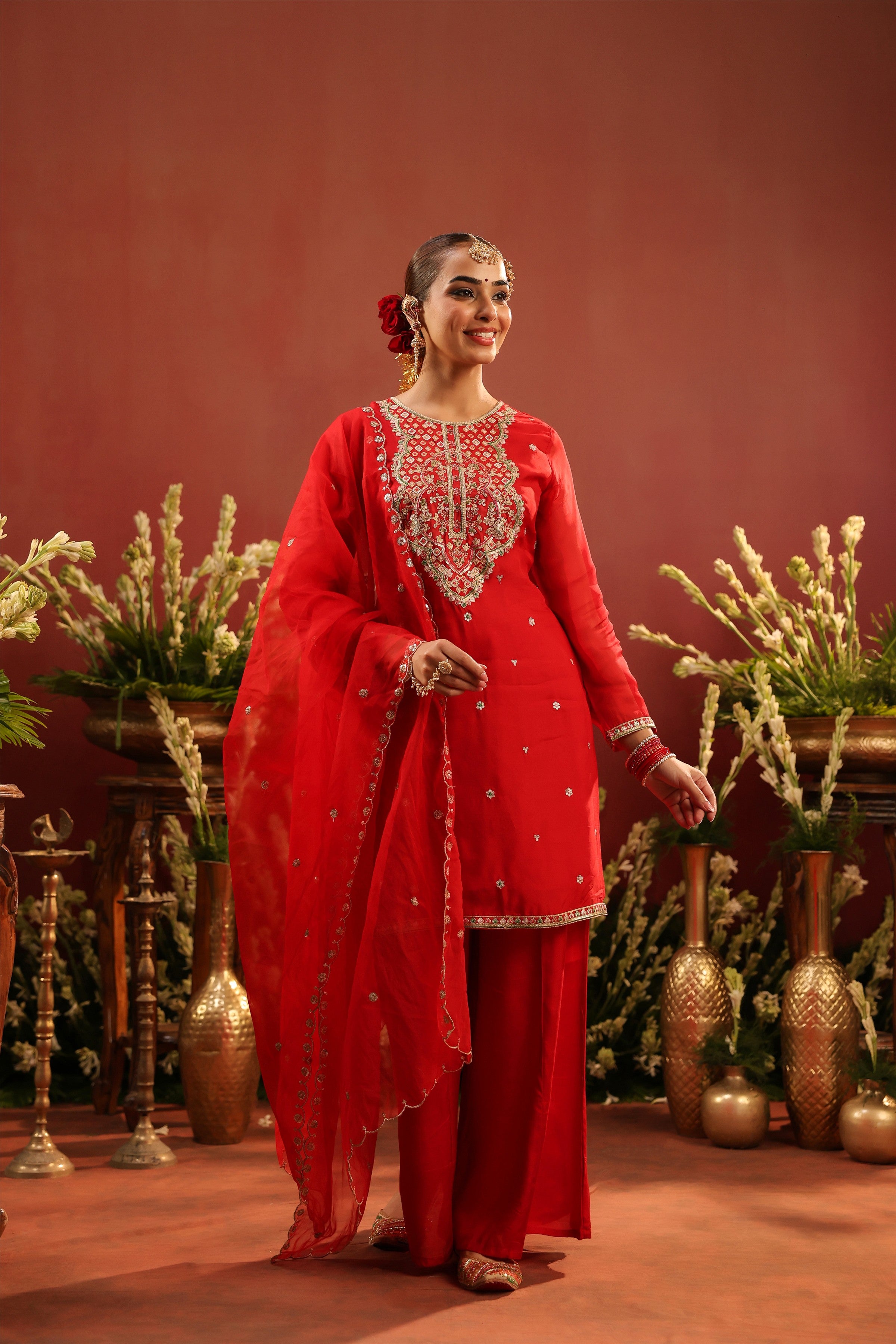Red Organza Silk Embroidered Sharara Set