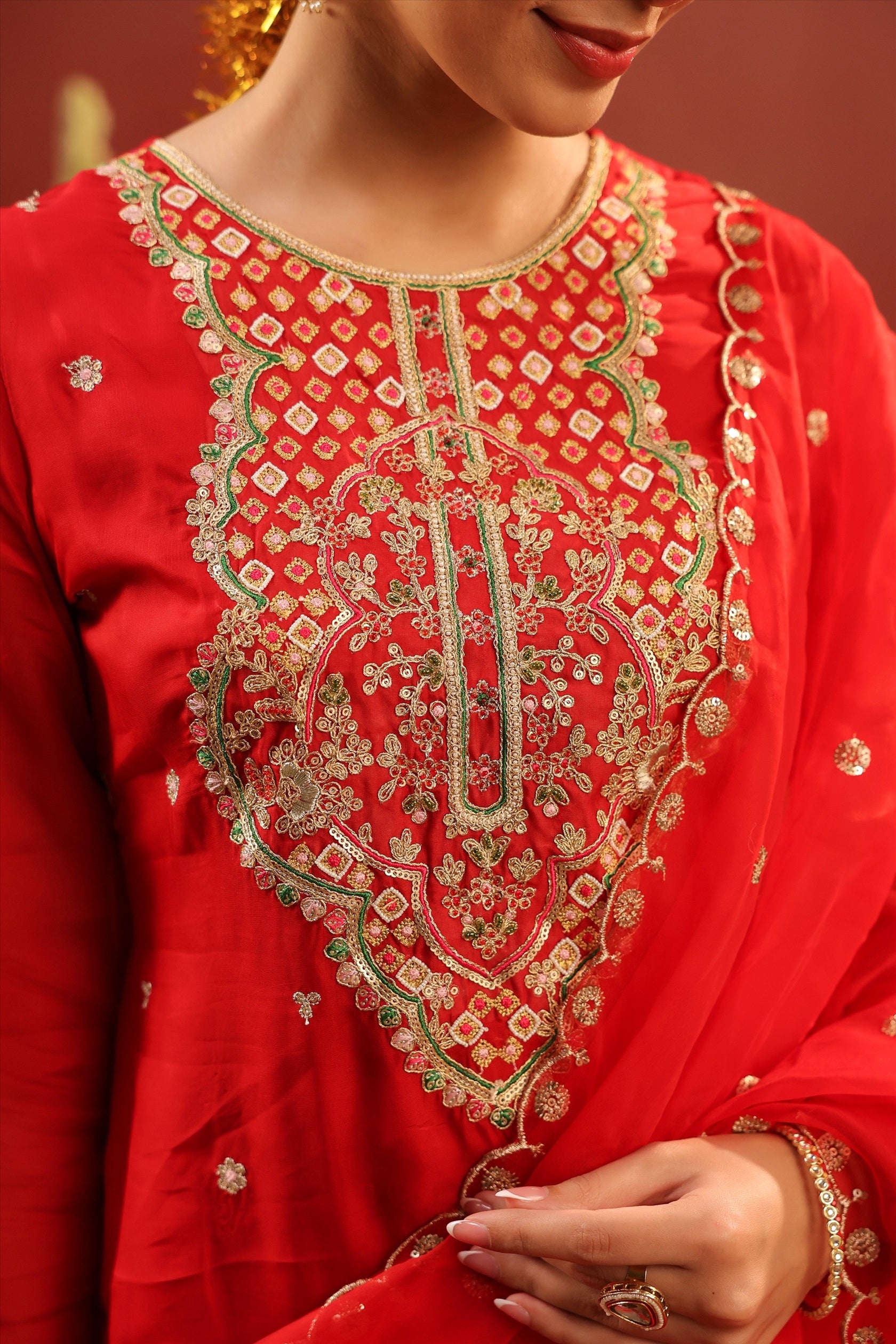Red Organza Silk Embroidered Sharara Set
