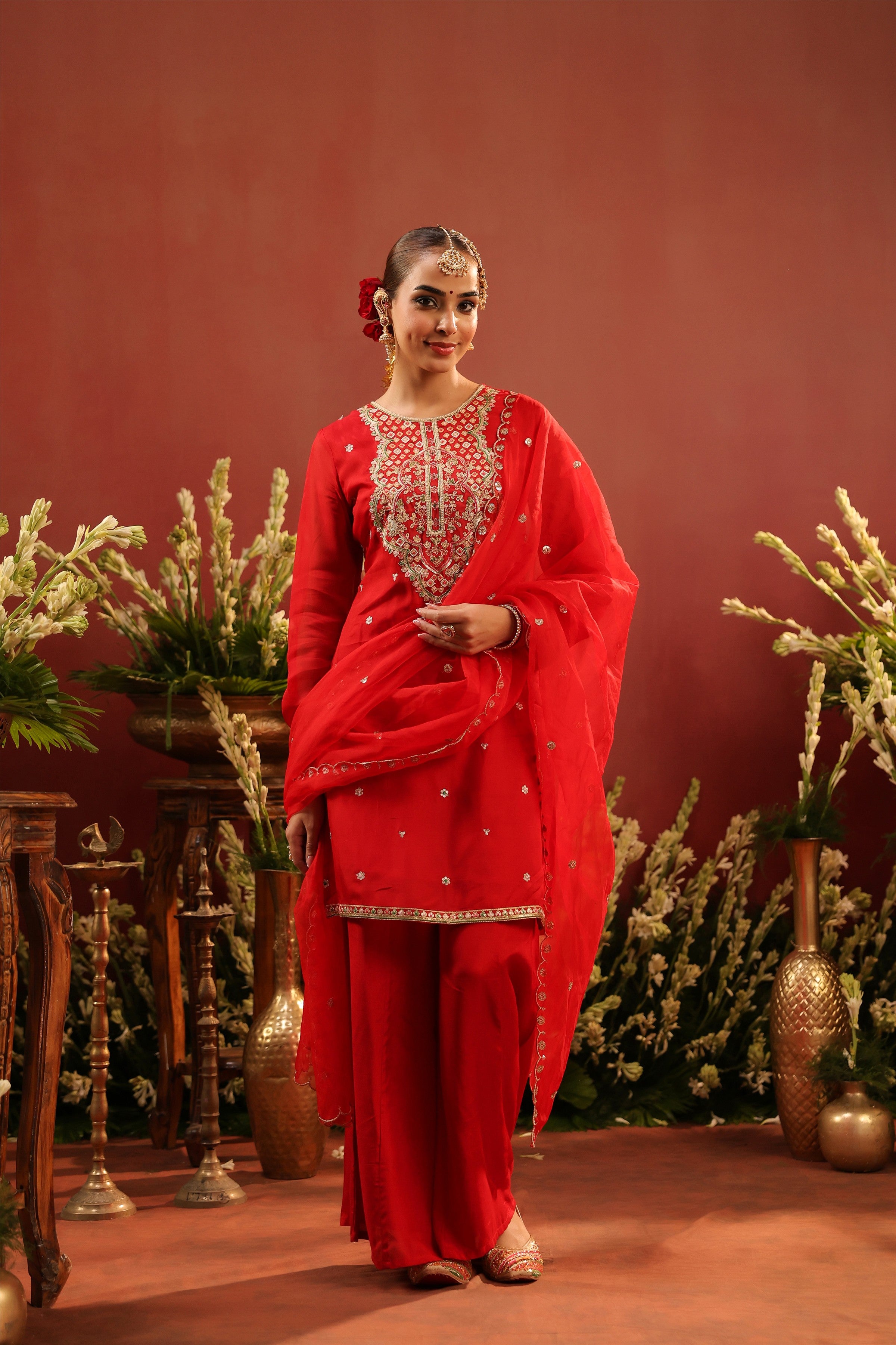 Red Organza Silk Embroidered Sharara Set