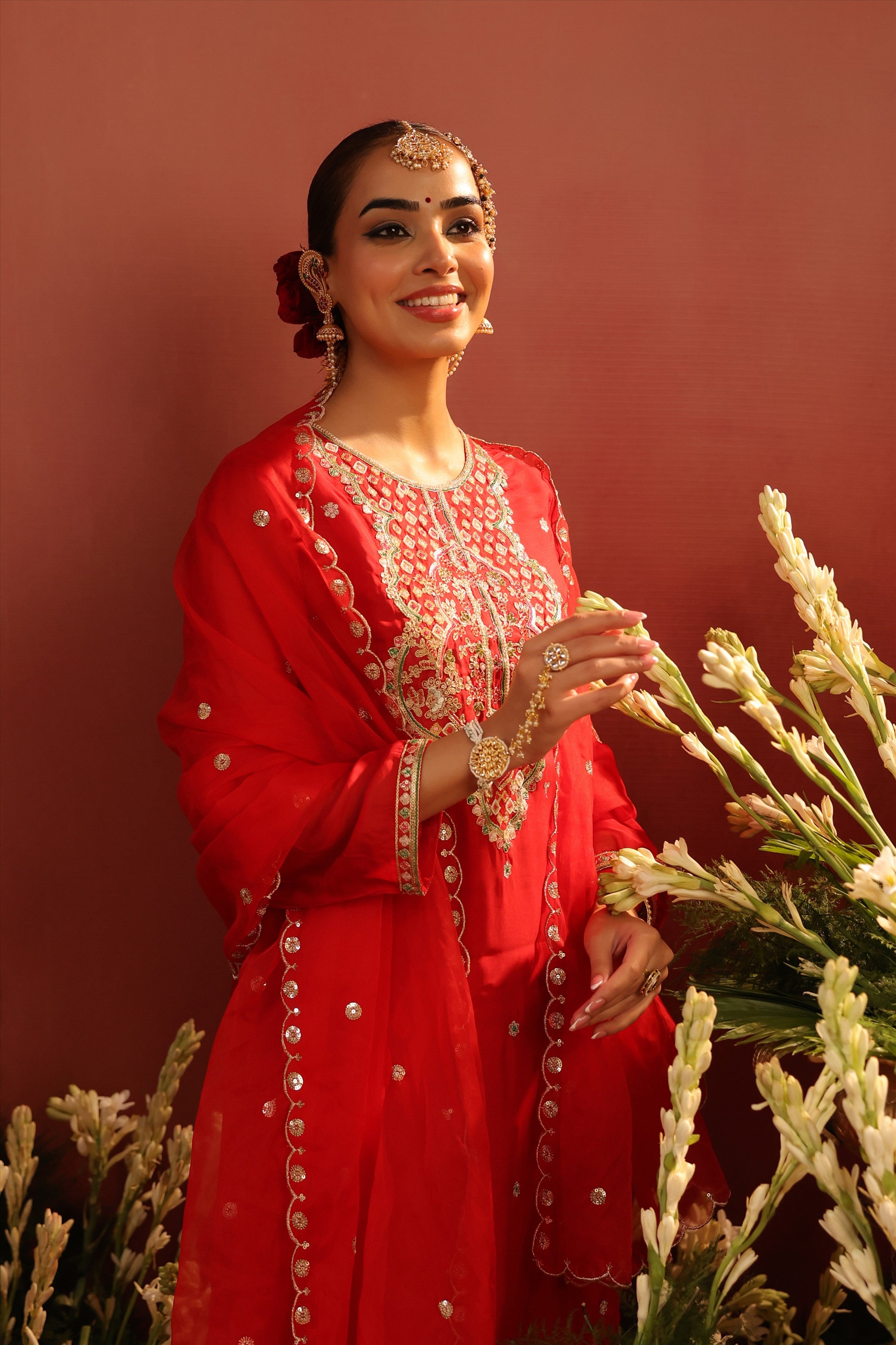 Red Organza Silk Embroidered Sharara Set