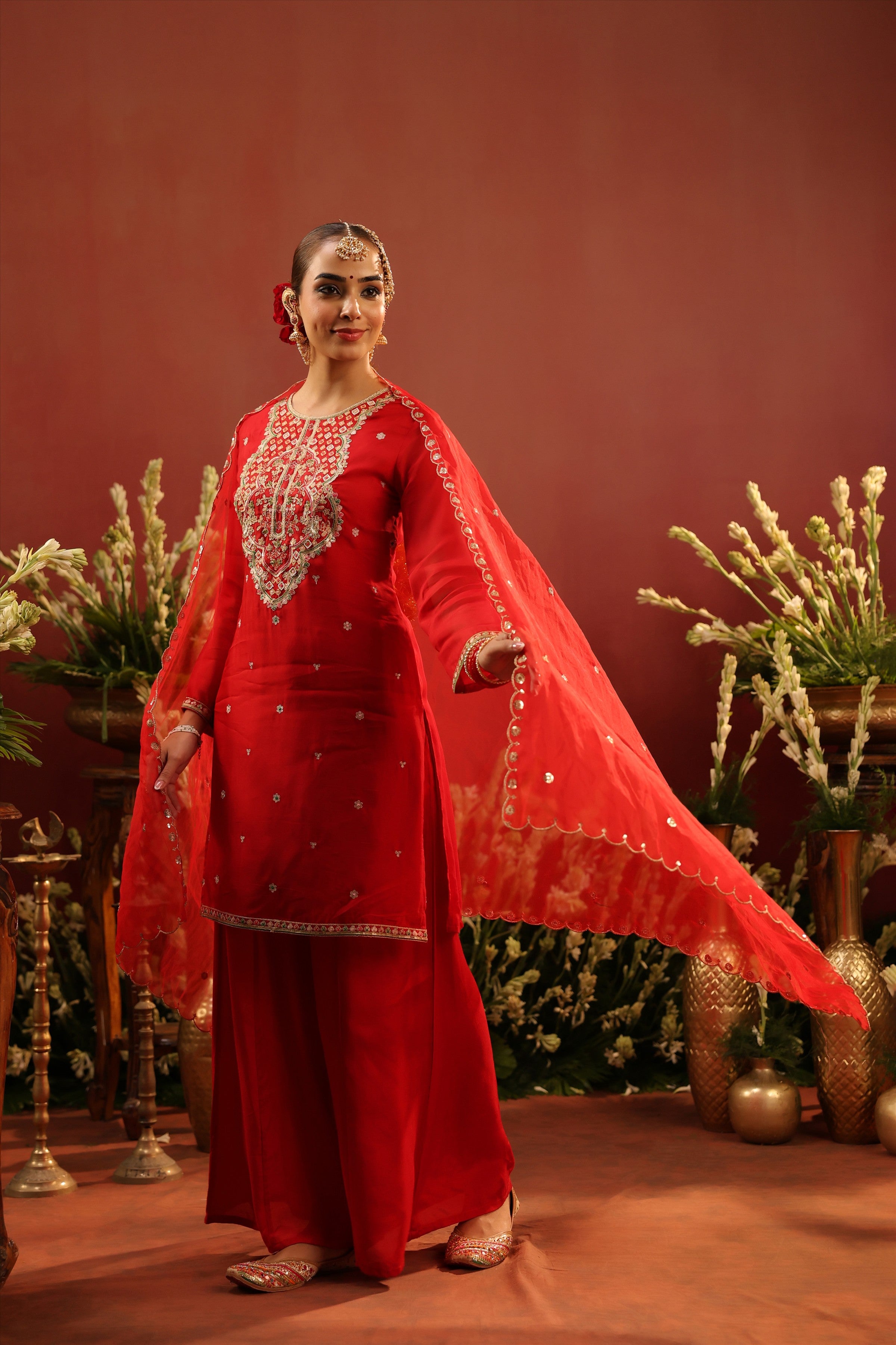 Red Organza Silk Embroidered Sharara Set