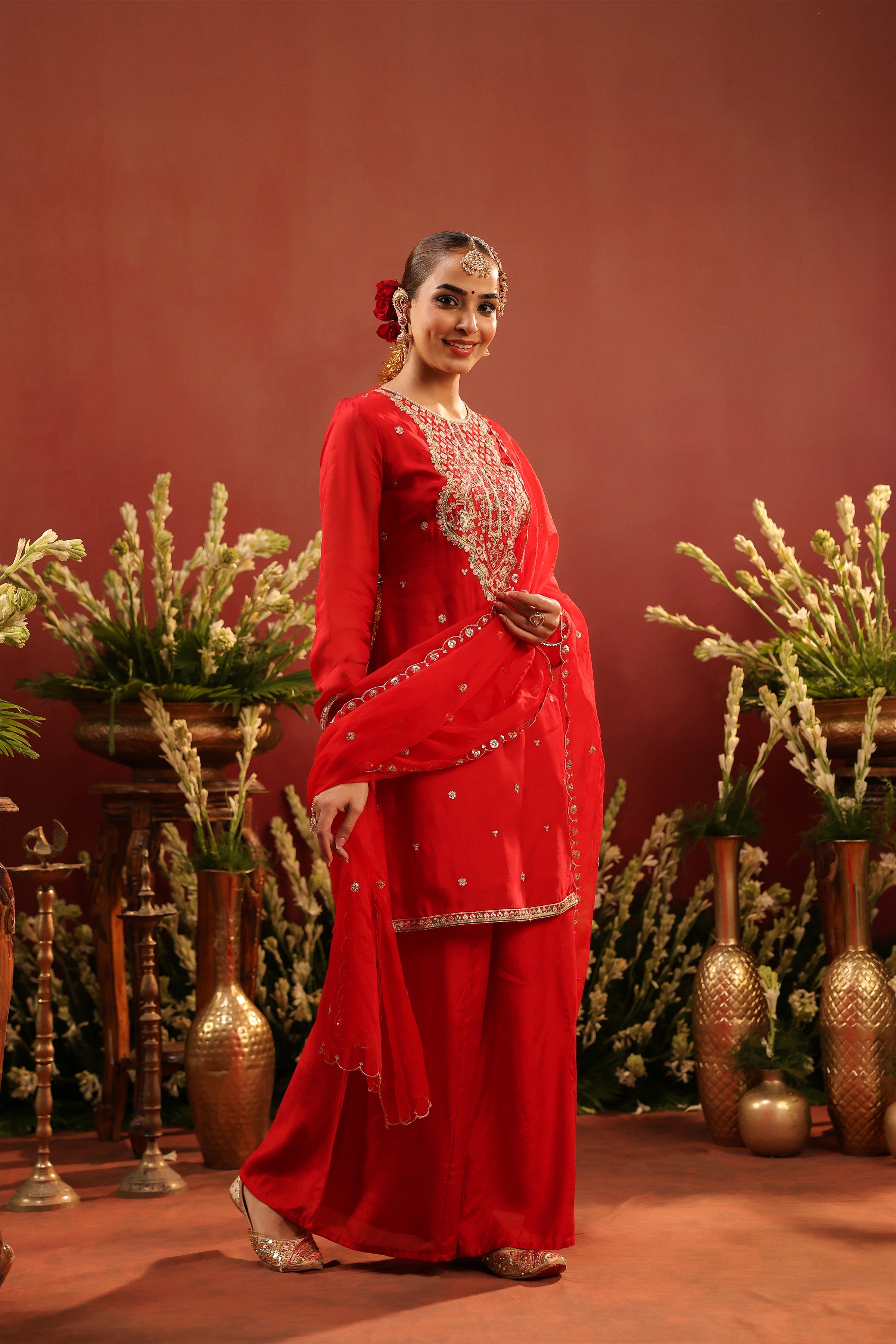 Red Organza Silk Embroidered Sharara Set