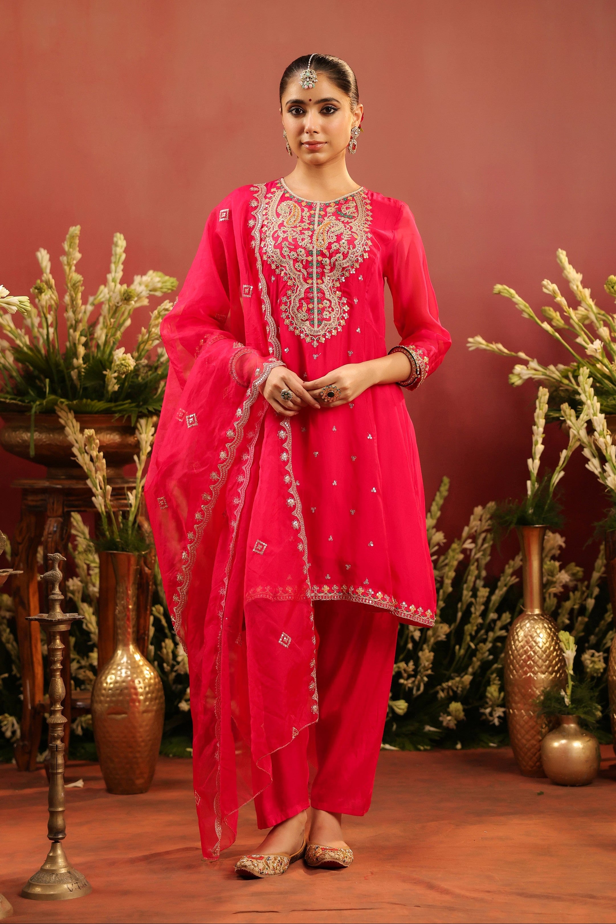 Fuchsia Organza Silk Embroidered Anarkali Suit Set